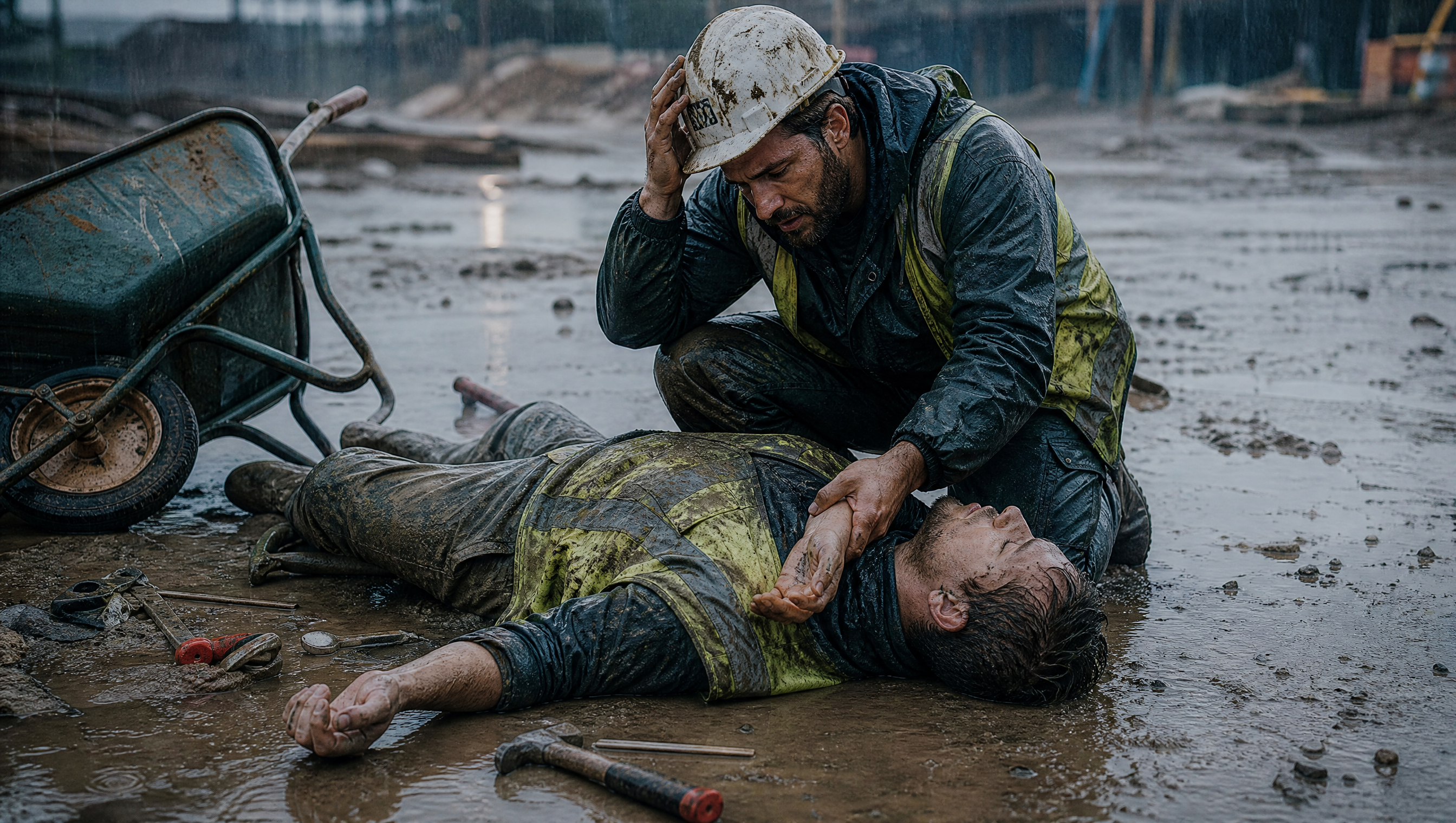 A man checks the pulse and breathing of a coworker lying on wet ground near overturned work equipment after a lightning strike, storm light and rain visible around them, cinematic photorealistic style
