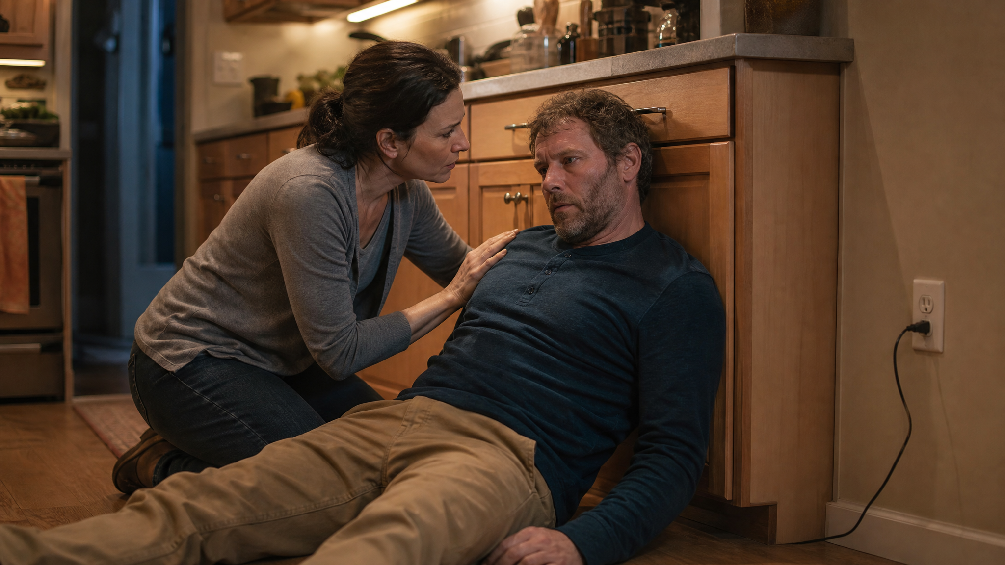A woman kneels beside a man sitting against a kitchen cabinet after an electrical shock, checking his responsiveness and watching his face closely, warm indoor lighting