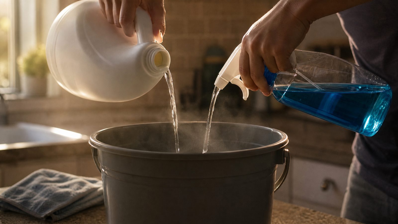 A close-up shot of two cleaning bottles, bleach and ammonia-based glass cleaner, tipped toward each other over an open bucket with visible fumes rising, warm kitchen lighting