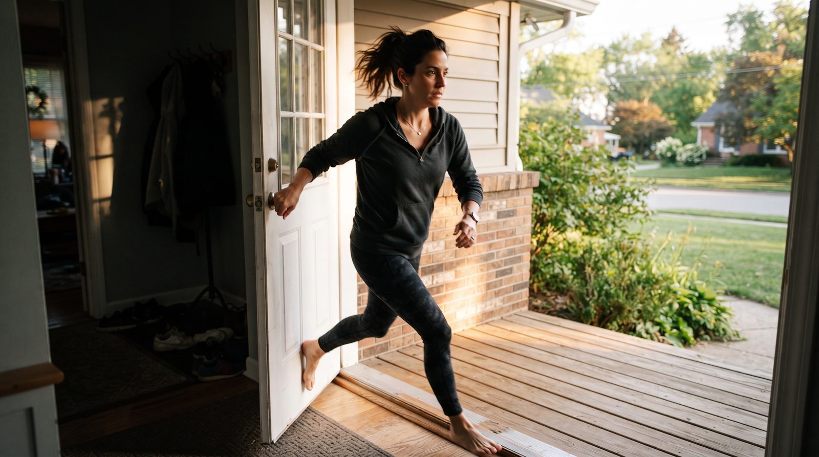 An adult stepping quickly out of a house's front door into fresh outdoor air, propping the door open behind them, late afternoon light, urgency in their posture