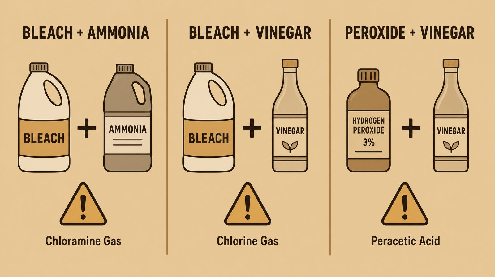 A flat-illustration chart comparing risky household cleaning product pairings side by side, bleach next to ammonia, bleach next to vinegar, hydrogen peroxide next to vinegar, each pair marked with a warning icon and the gas it produces