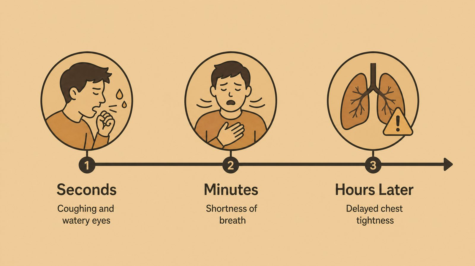A flat-illustration infographic timeline showing chemical fumes exposure symptoms progressing from seconds to hours: coughing and watery eyes at onset, then shortness of breath, then delayed chest tightness hours later