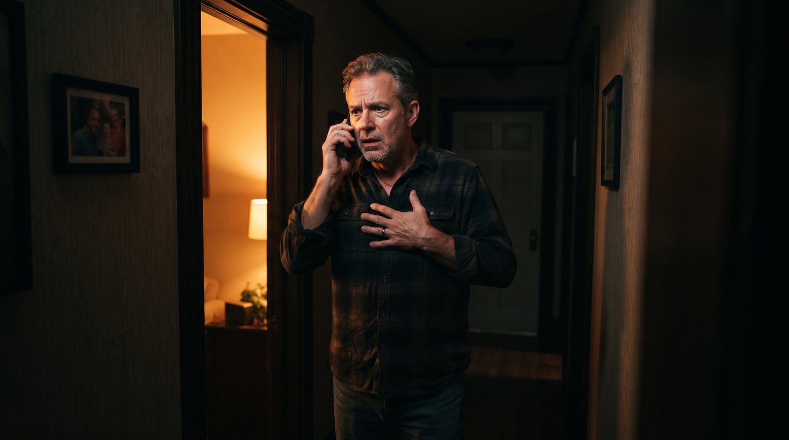 A man standing in a dim hallway at night holding a phone to his ear with his other hand pressed to his chest, mid-call to emergency services