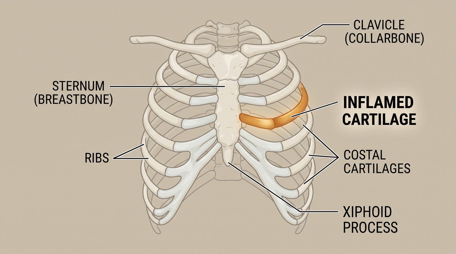 A labeled anatomical illustration of the rib cage showing the cartilage joints connecting the ribs to the breastbone, with an inflamed joint highlighted to show where costochondritis pain originates