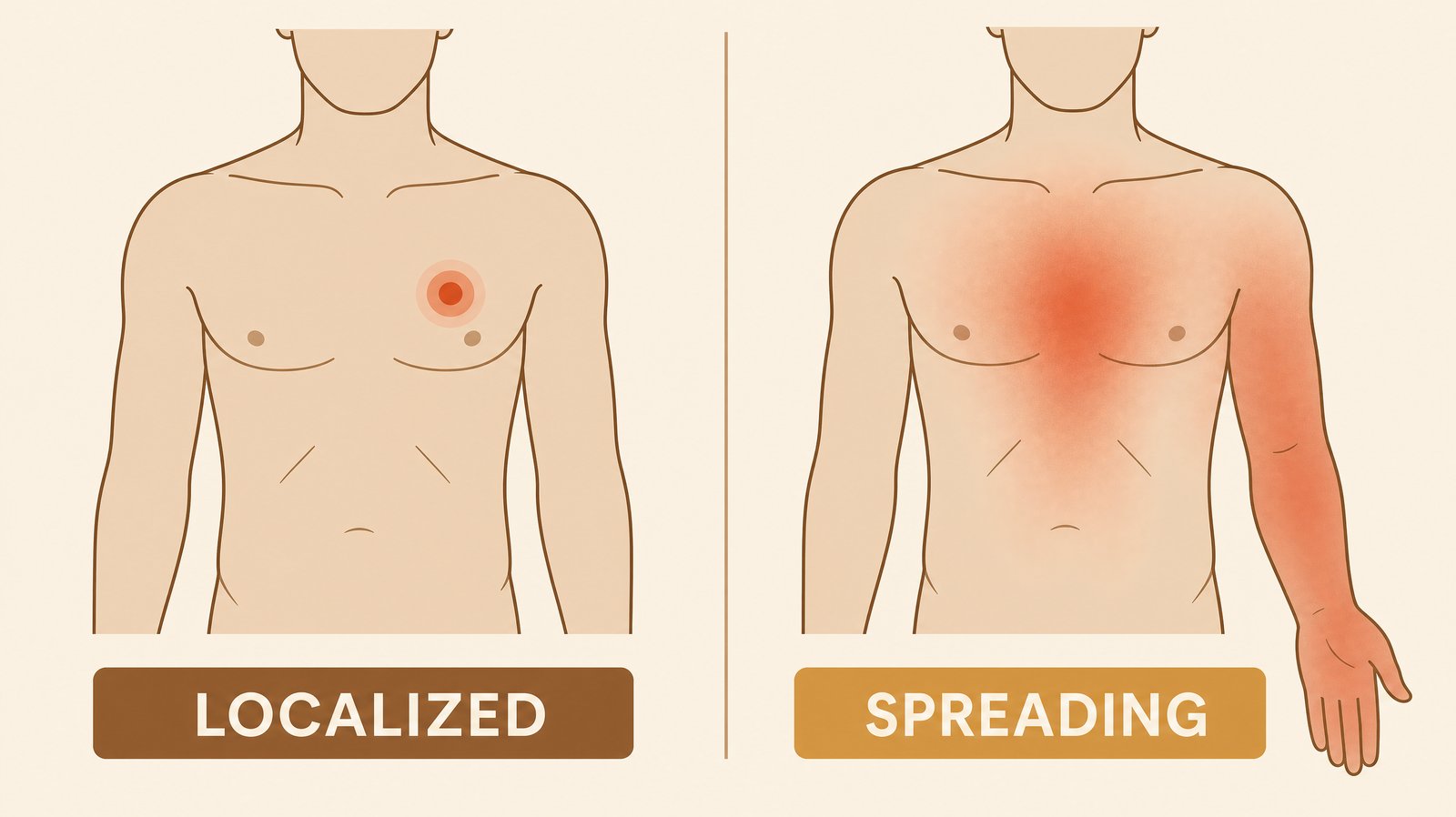 A two-panel split illustration comparing a localized, pinpoint pain zone on one side of the chest wall against a broader, spreading pressure zone across the center of the chest representing cardiac pain