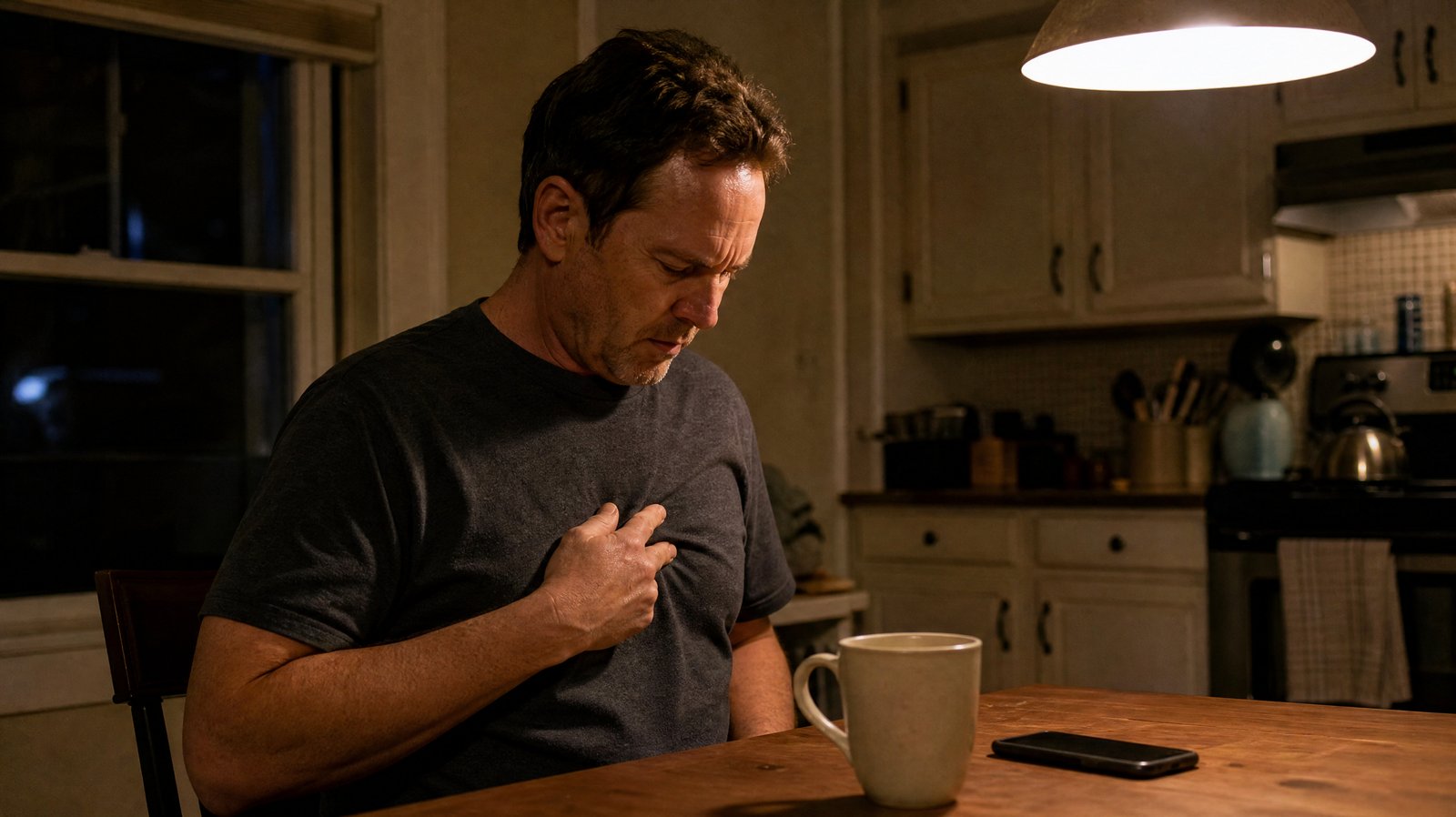 A middle-aged man sitting at a kitchen table at night pressing two fingers against a specific spot on his chest to check whether the pain is localized