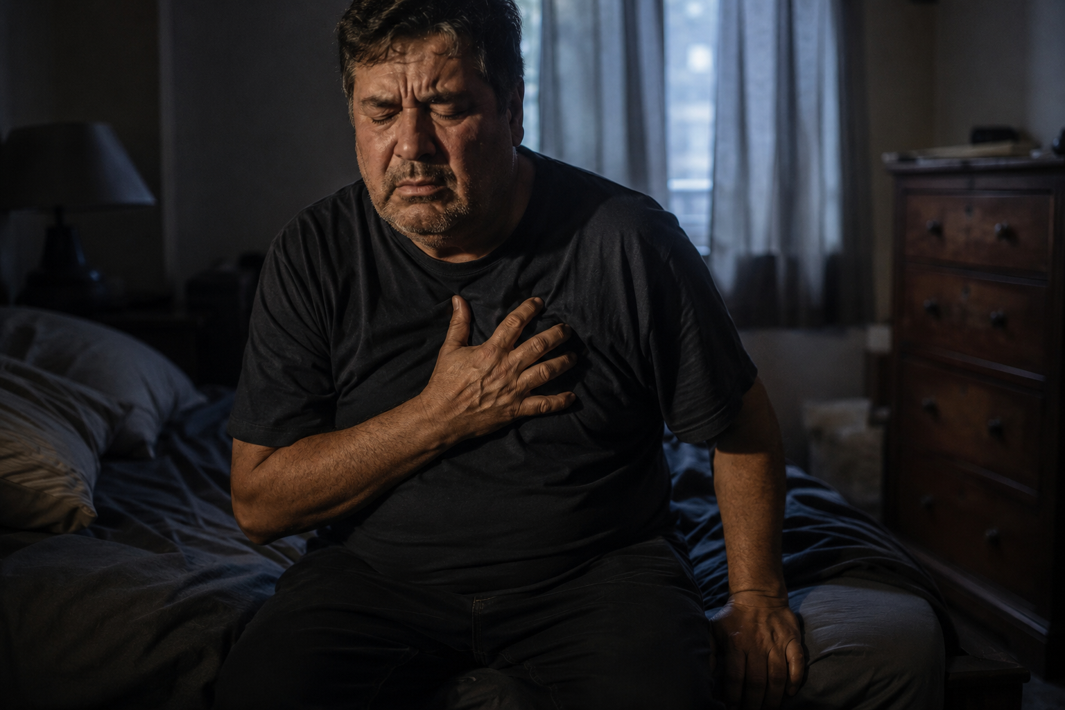 A man sitting on the edge of a bed, hand pressed to chest — early heart attack warning signs
