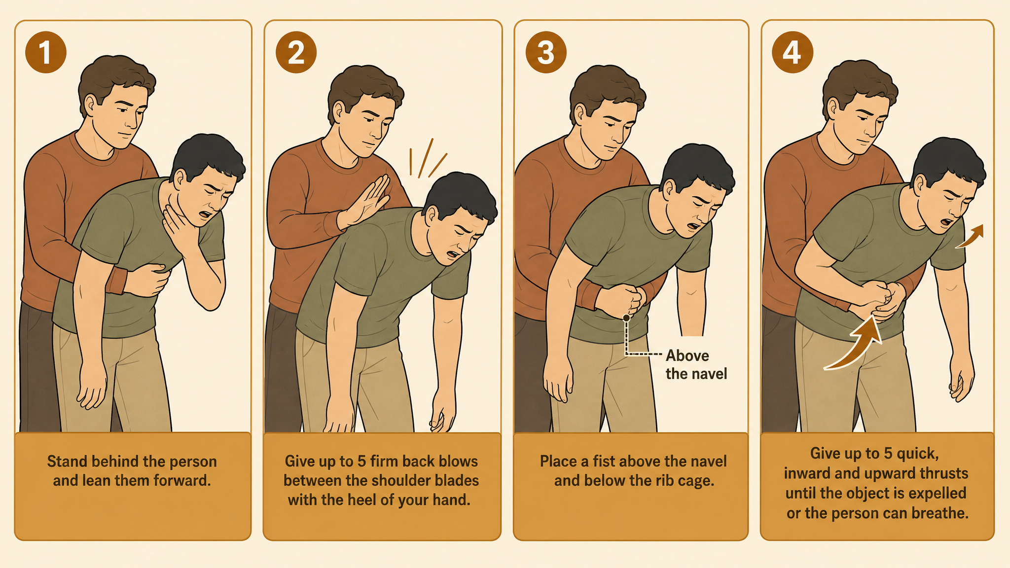 Illustrated step-by-step diagram of back blows and abdominal thrusts for adult choking response