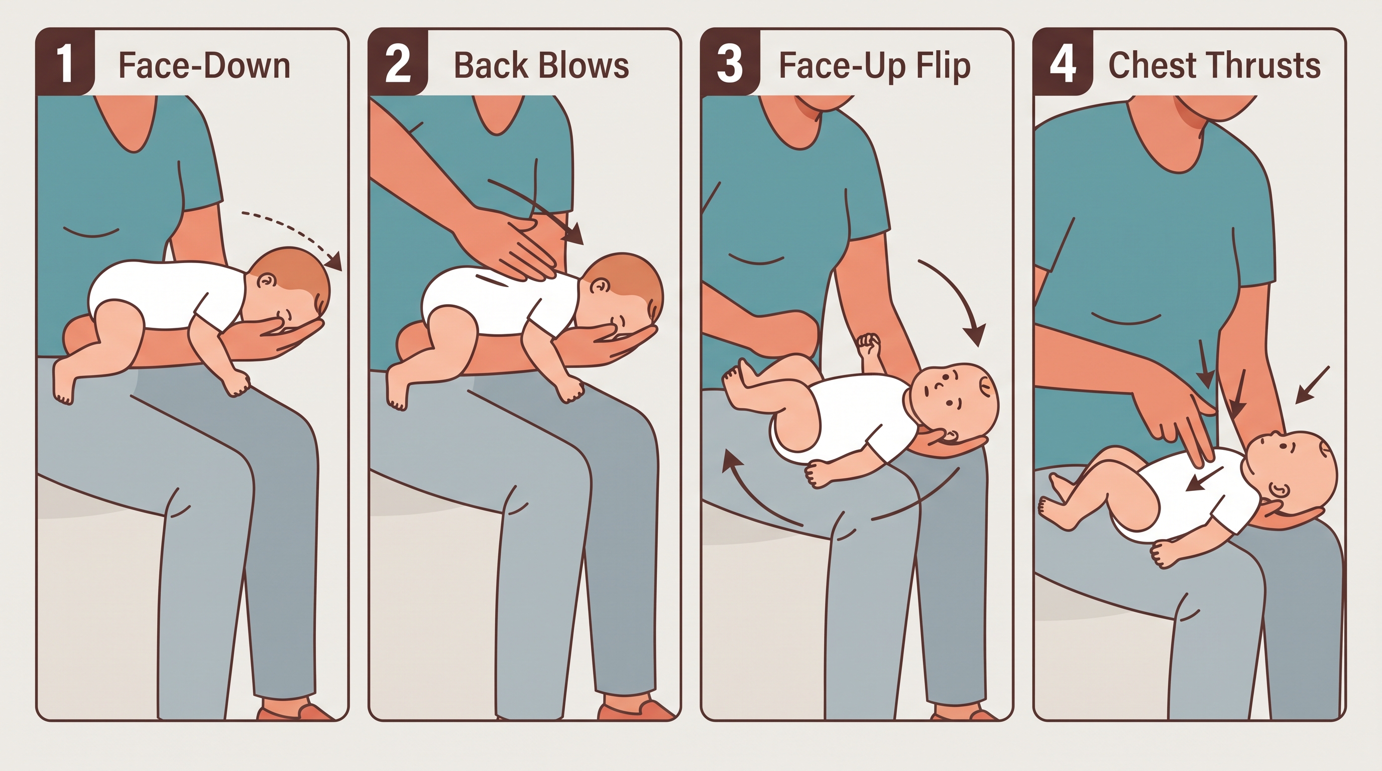Illustrated step-by-step diagram of back blows and chest thrusts for infant choking response
