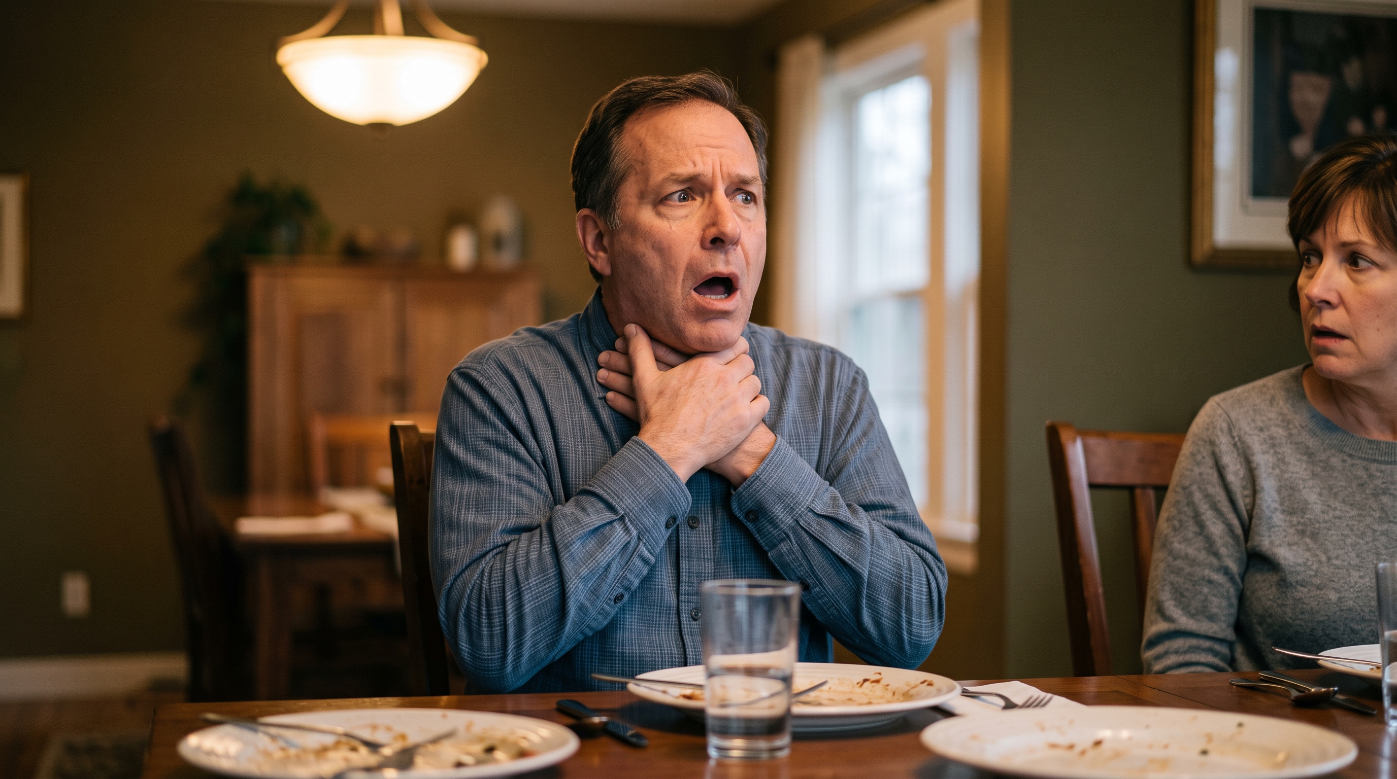 Person at a dinner table gripping their throat, the universal choking sign