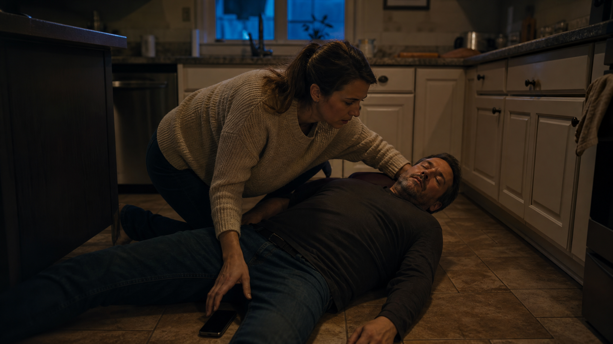 Person lowering an unresponsive choking victim to the floor to begin CPR