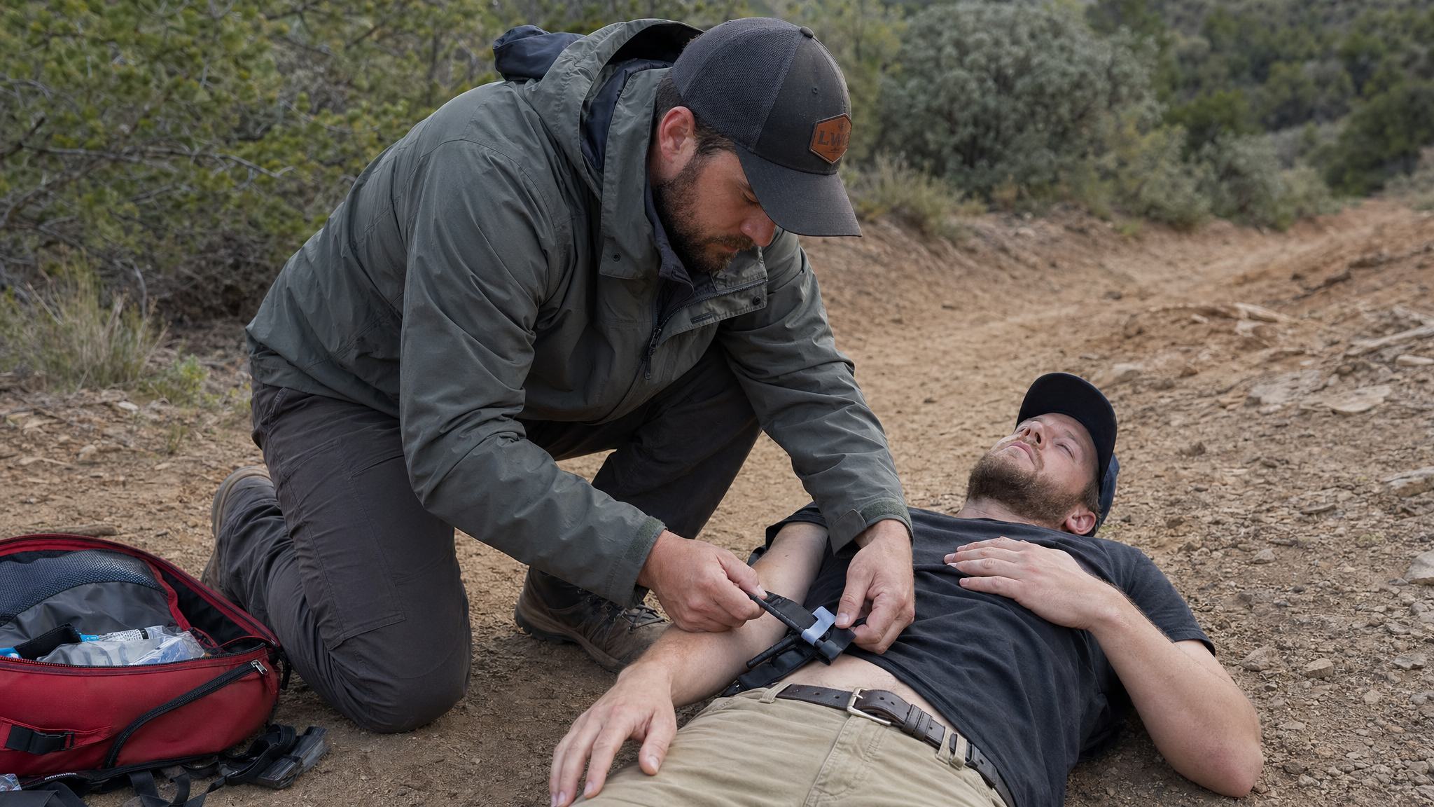 Civilian kneeling beside an injured person on a hiking trail, applying a tourniquet to the upper arm, outdoor lighting, no medical insignia