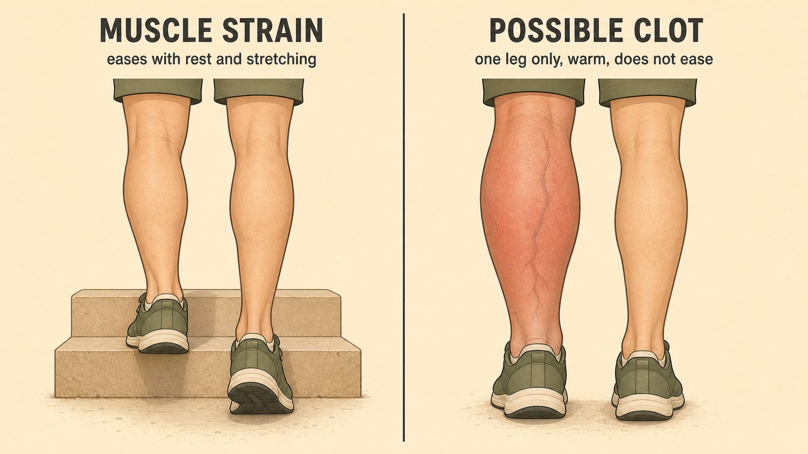 Two-panel comparison illustration, the left panel showing symmetrical calves labeled muscle strain and the right panel showing one visibly swollen and flushed calf with a faint ropy vein labeled possible clot