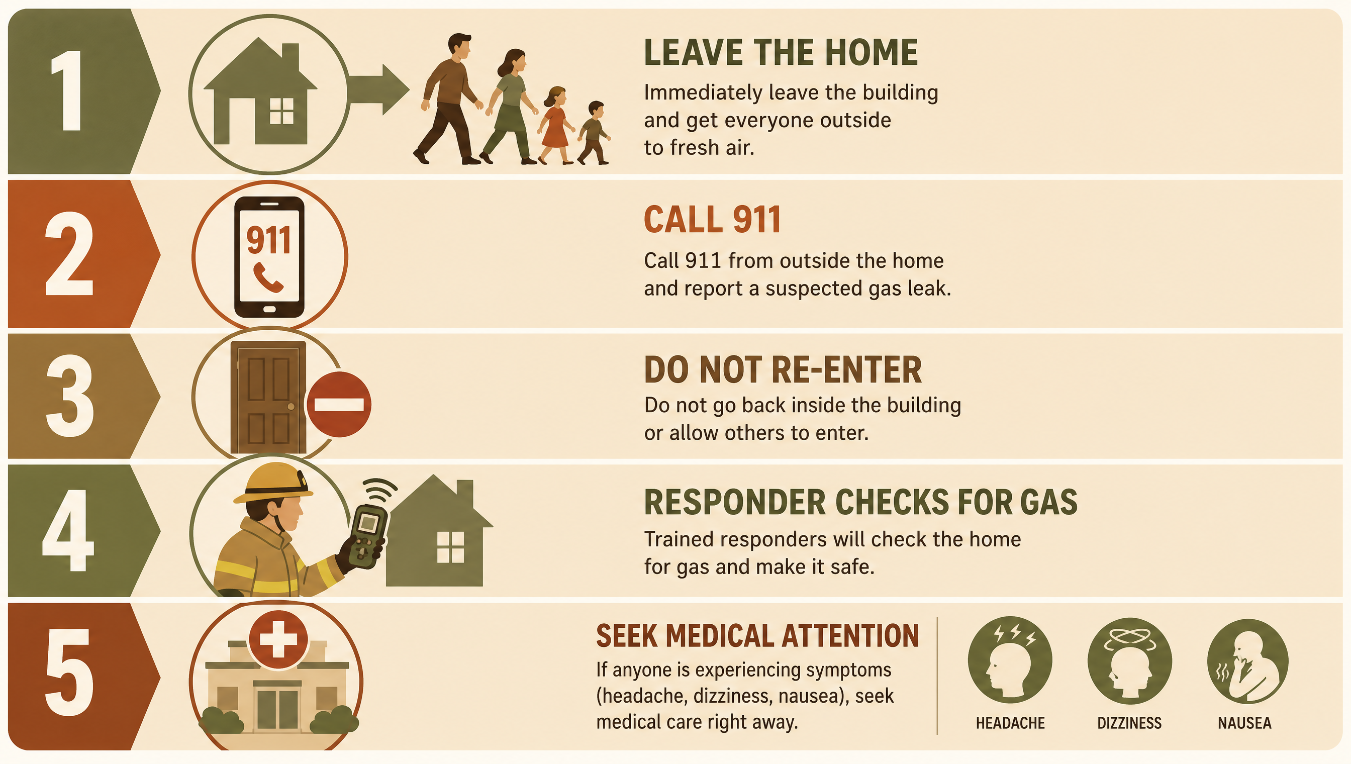 Flat illustrated infographic titled Carbon Monoxide First-Hour Actions showing five numbered steps: get outside, call 911, do not go back in, let responders check the air, get evaluated, in warm earth tones
