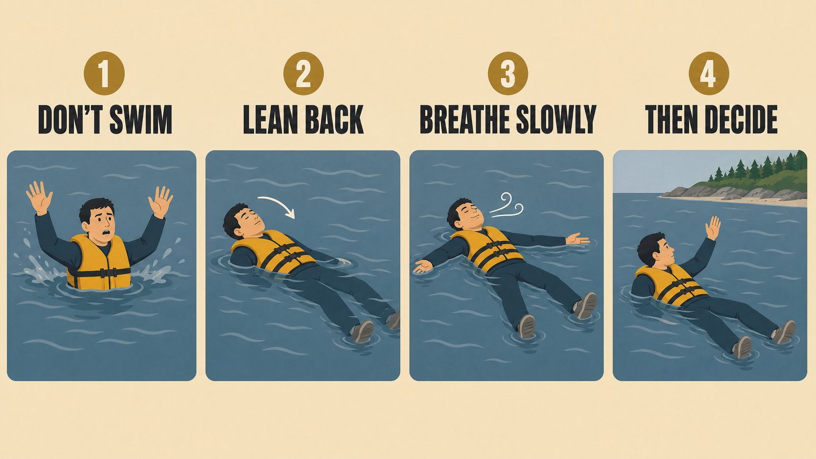 Four-step illustration of the float first response: tip back, spread arms and legs, breathe slowly, then decide on next moves