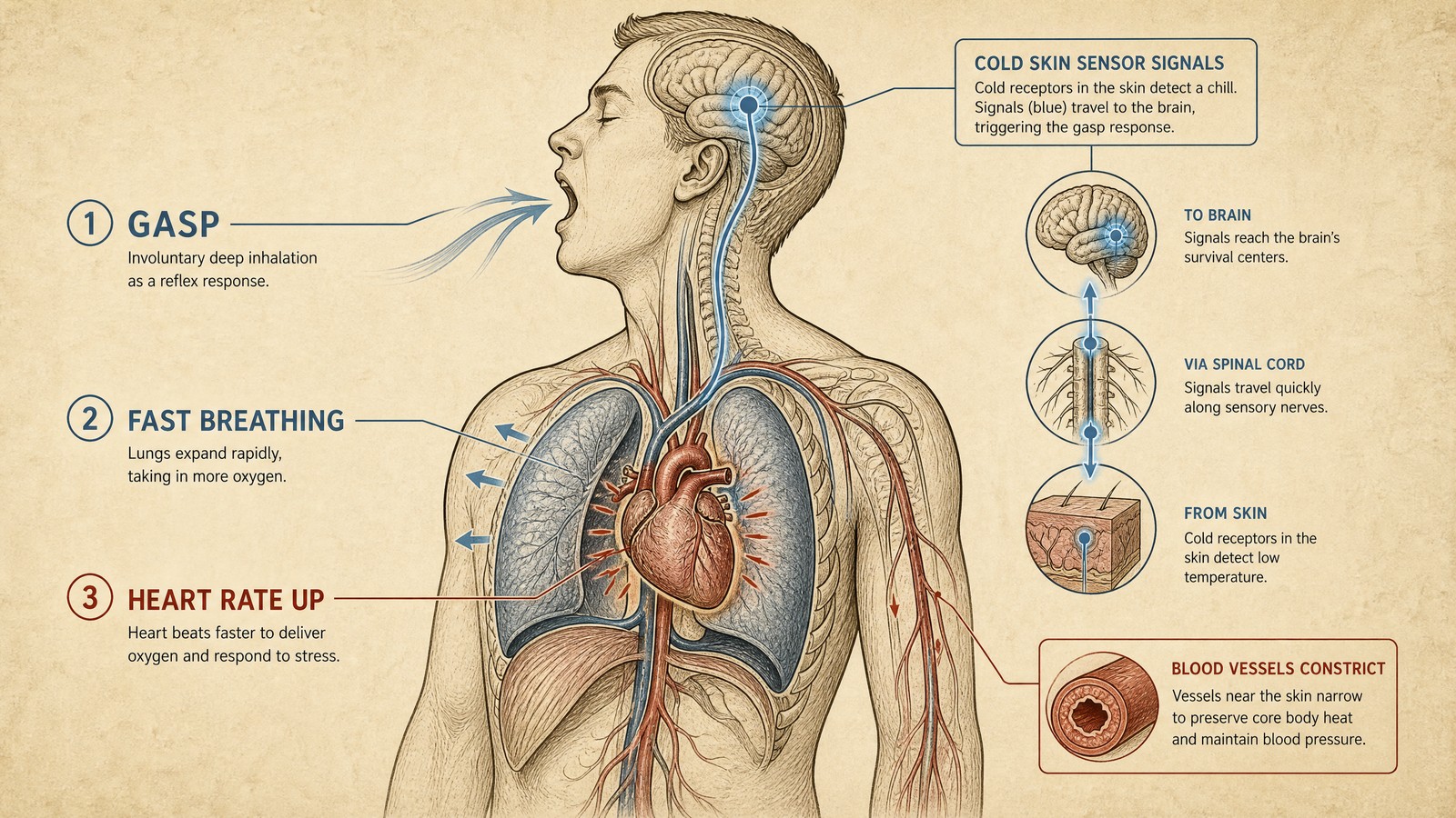 Medical illustration of the cold shock response: cold water on the skin triggers a deep involuntary gasp, rapid breathing, and a spike in heart rate and blood pressure