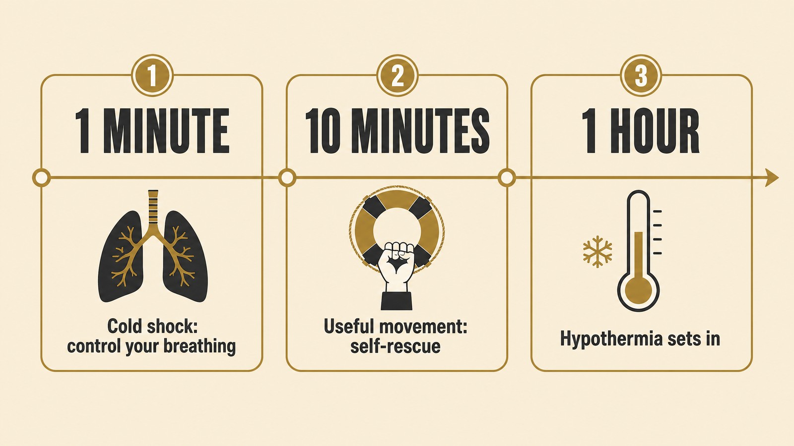 Timeline graphic of the 1-10-1 rule: one minute of cold water shock, ten minutes of useful movement, one hour before hypothermia sets in