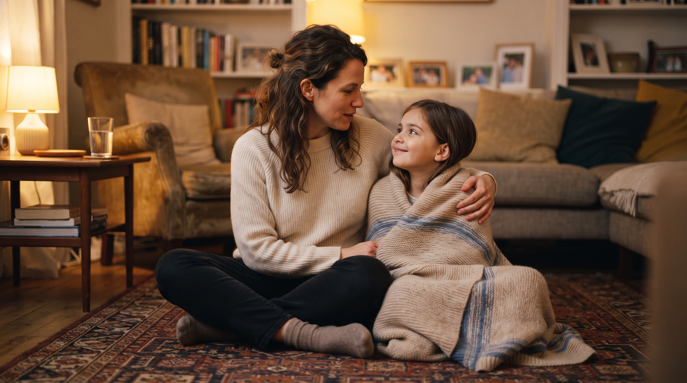 Parent sitting on a living room floor with an arm around a child wrapped in a blanket, both calm, in the minutes after a seizure has passed