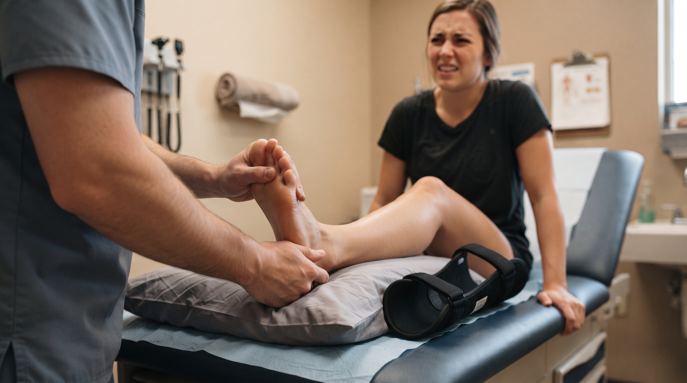 A clinician gently pulls a patient's toes upward toward the shin while the patient winces sharply, demonstrating the passive stretch pain test on a lower leg