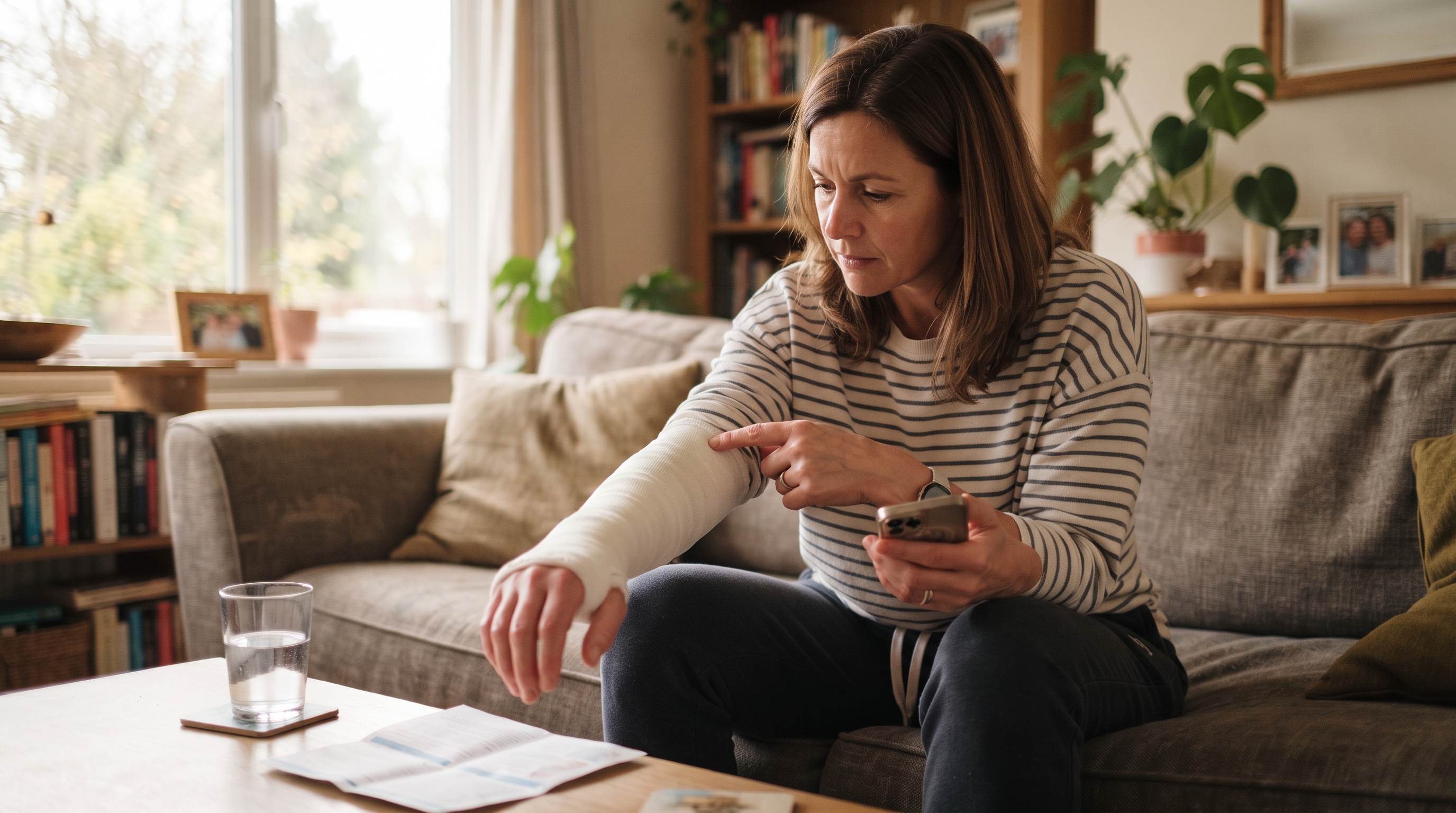 A woman in her mid-forties leans forward on a couch to inspect her own casted forearm, pressing a finger near the cast edge with a concerned expression