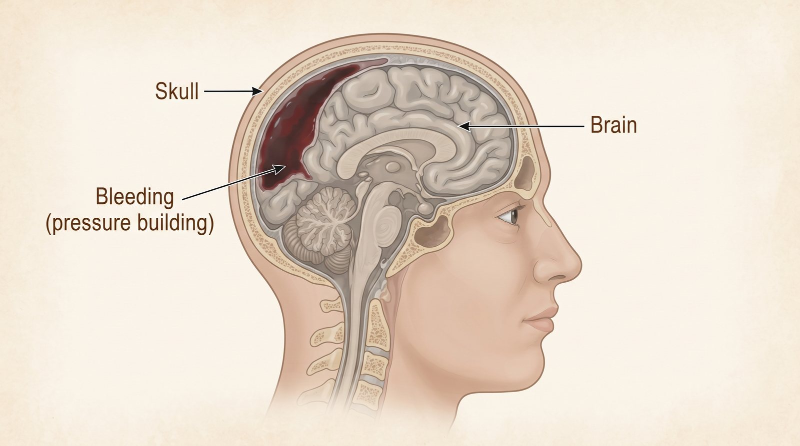 Medical illustration cross-section of a human head showing a pooled hematoma pressing on the brain inside the skull, with labels for skull, brain, and bleeding with pressure building