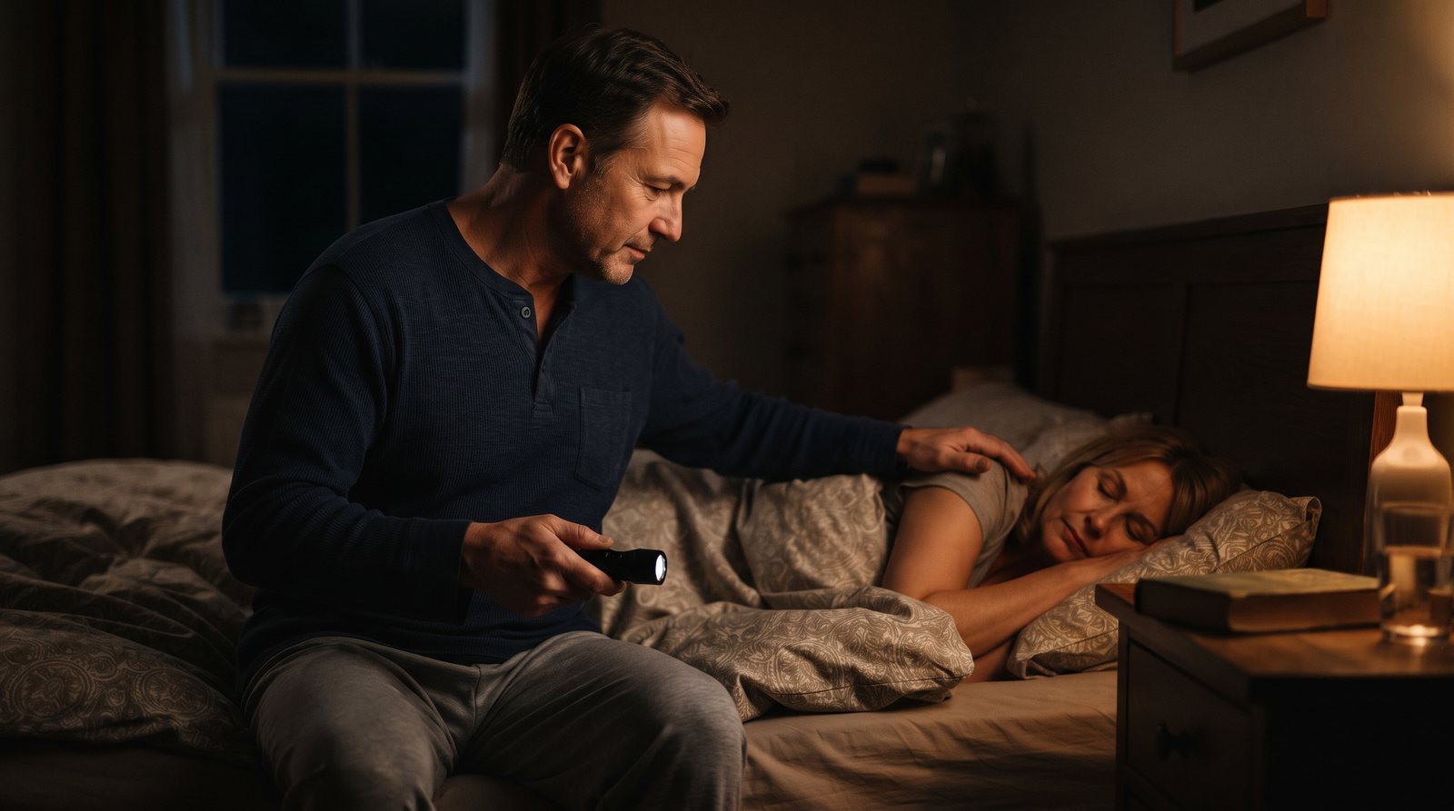 A man gently rouses a sleeping adult at a dim bedside at night, a small flashlight in hand, checking that they wake normally