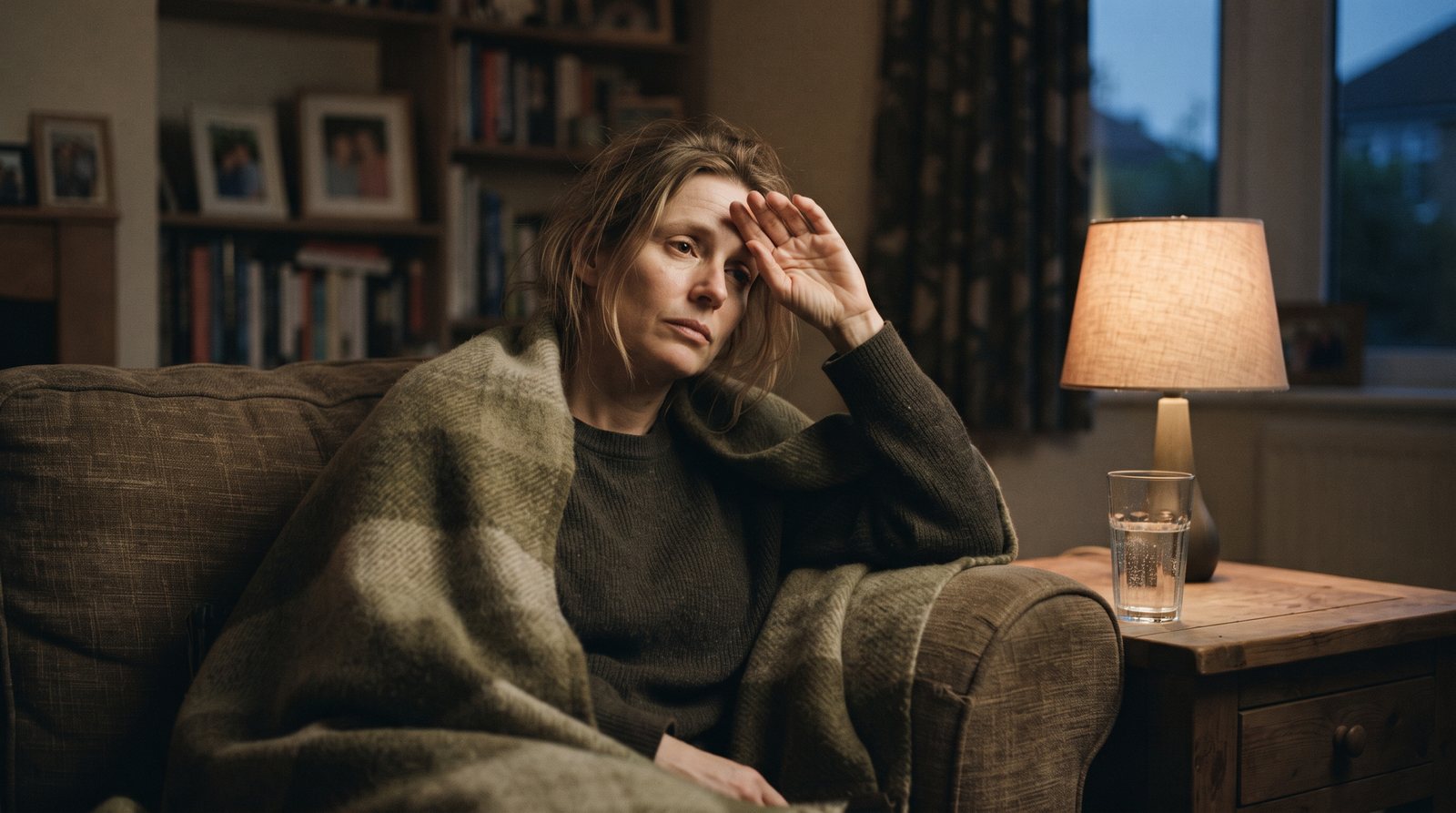 A woman in her 40s rests on a couch under a blanket at home, shielding her eyes from the light, a glass of water and a dimmed lamp beside her