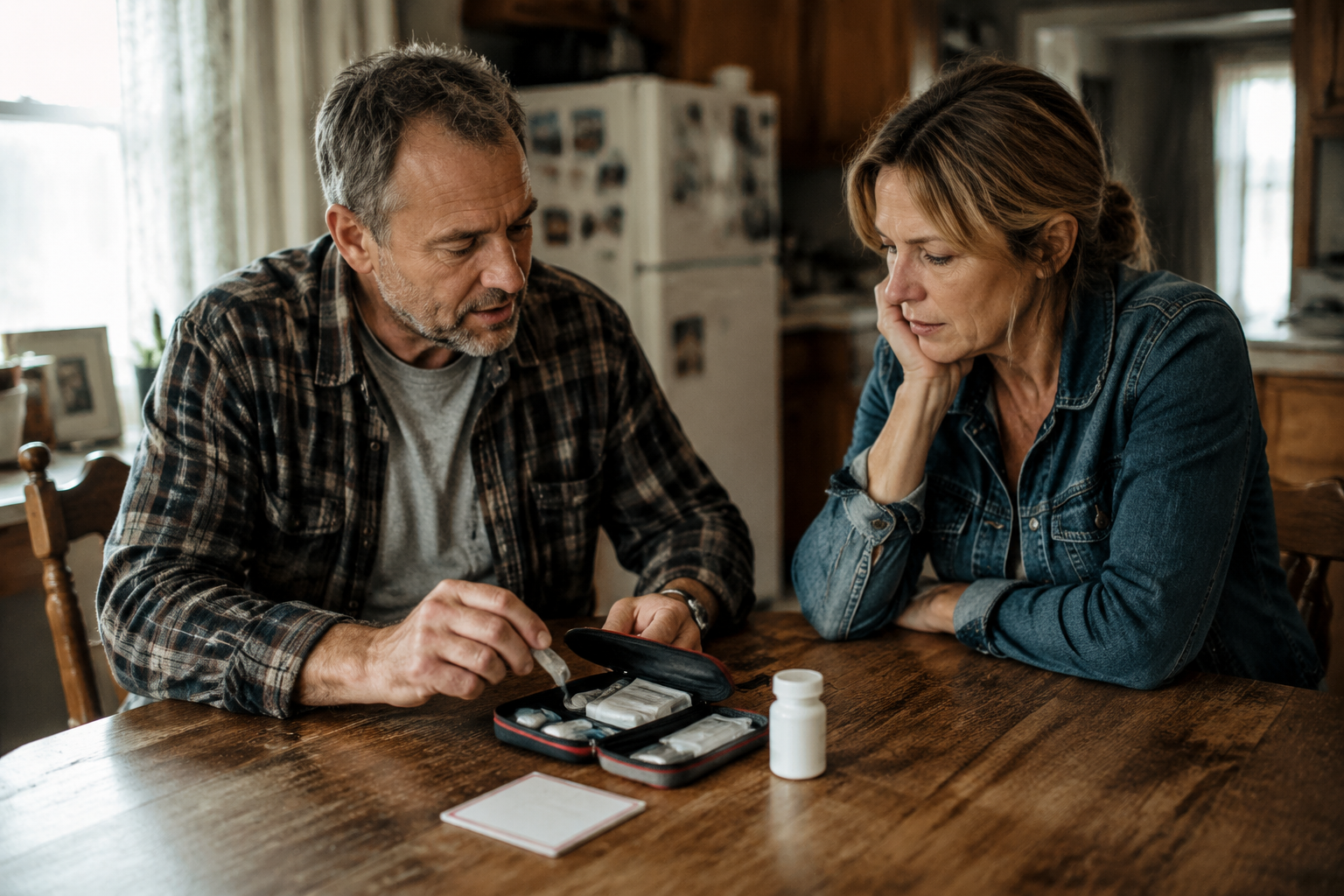 A couple reviewing emergency preparedness items at their kitchen table