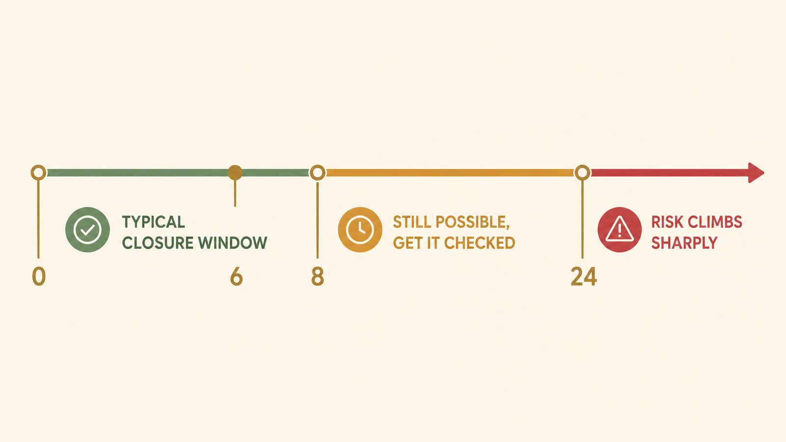 Timeline infographic showing the typical wound closure window from 0 to 8 hours, a still-possible zone from 8 to 24 hours, and sharply rising risk beyond 24 hours