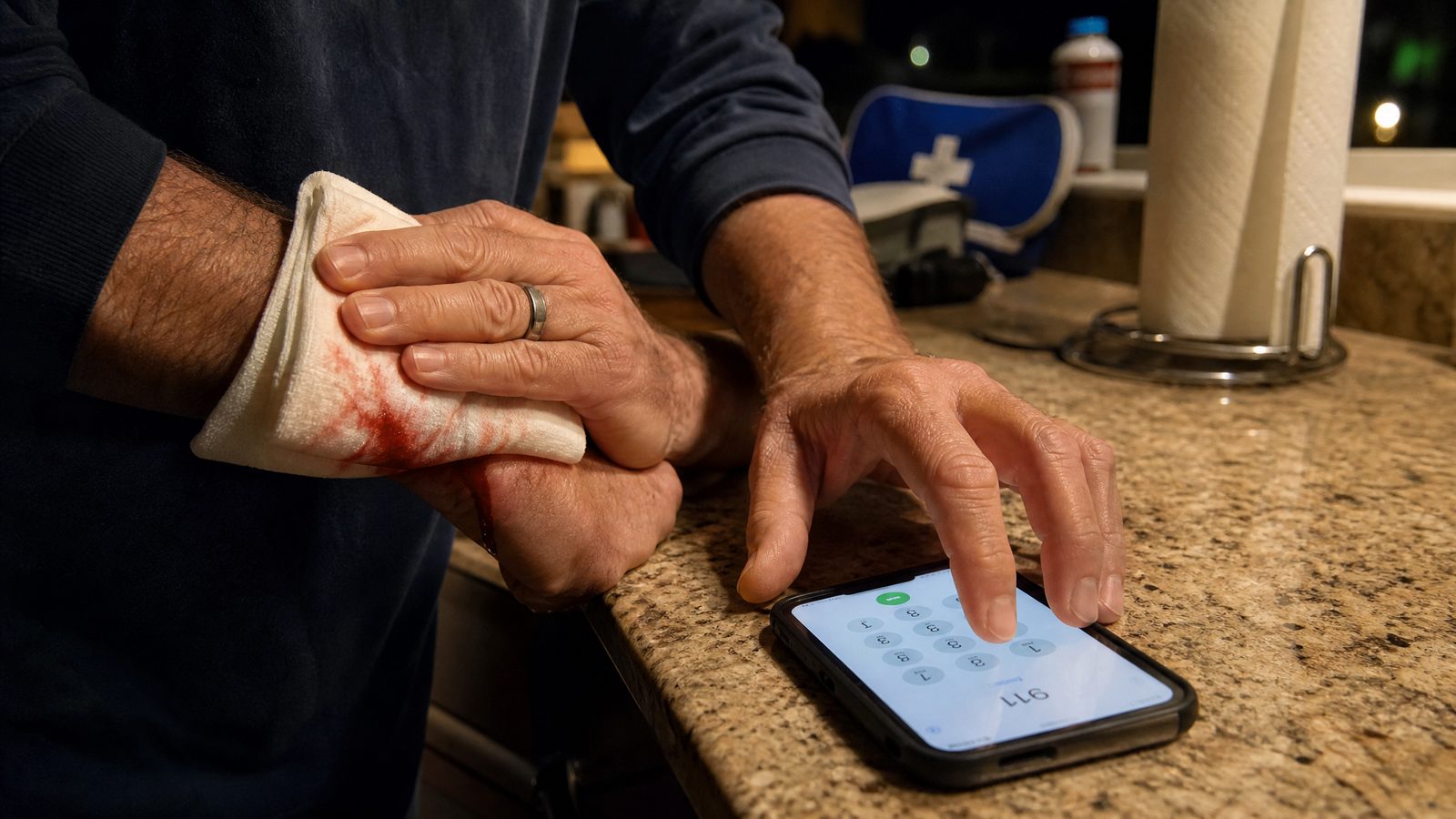 An adult applying firm direct pressure with a folded cloth to a forearm wound at a kitchen counter with a phone nearby ready to dial 911