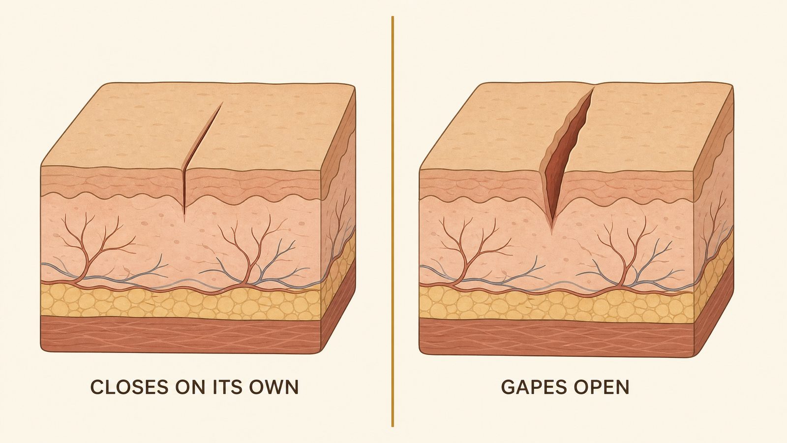 Two-panel illustration comparing a wound that closes on its own with light pressure against a wound that gapes open and needs stitches