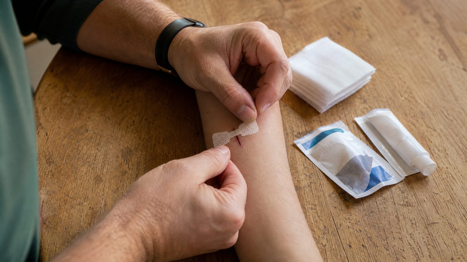 Overhead photograph of adult hands applying a butterfly closure strip to a small forearm cut on a wooden table with gauze and an antiseptic wipe nearby