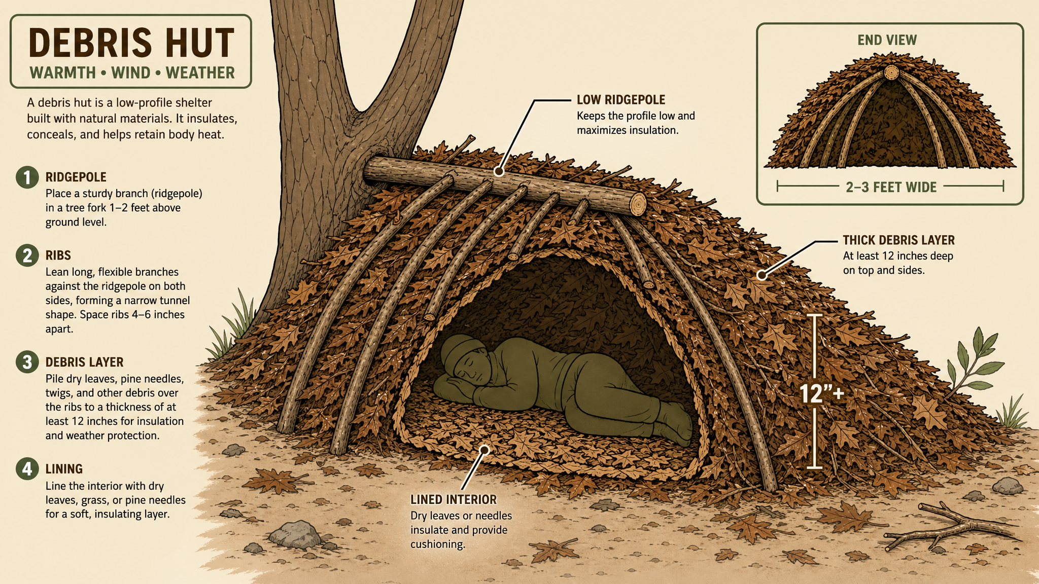 Cutaway illustrated diagram of debris hut construction showing the rib frame and thick debris insulation layer