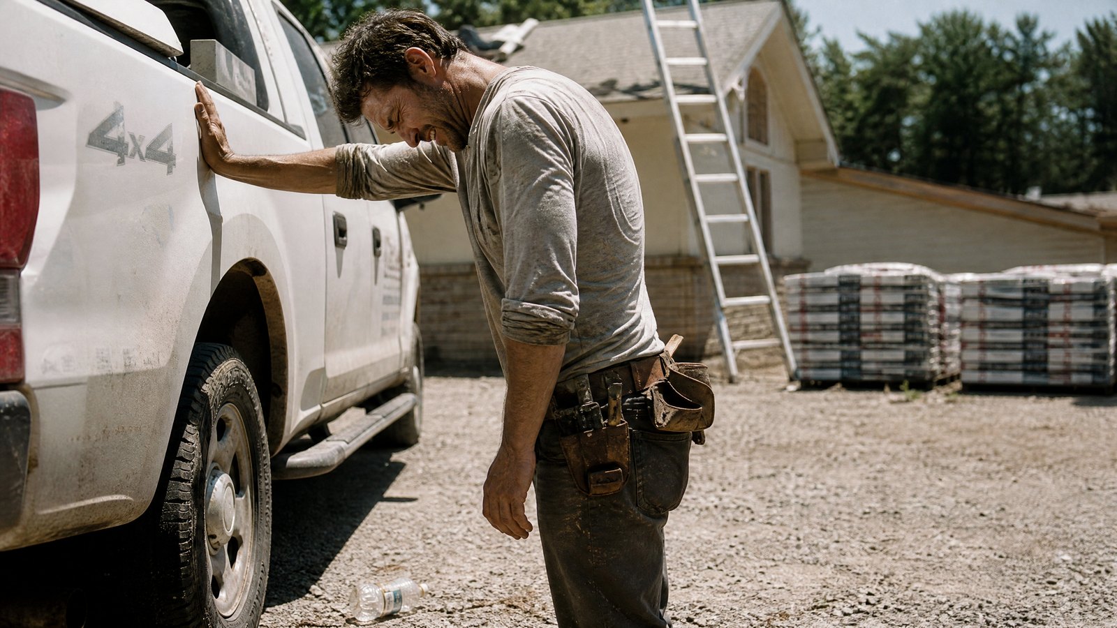 A roofer in his forties braces a hand against a truck bed in harsh late-day sun, squinting, sweat-stained shirt, an empty bottle at his feet