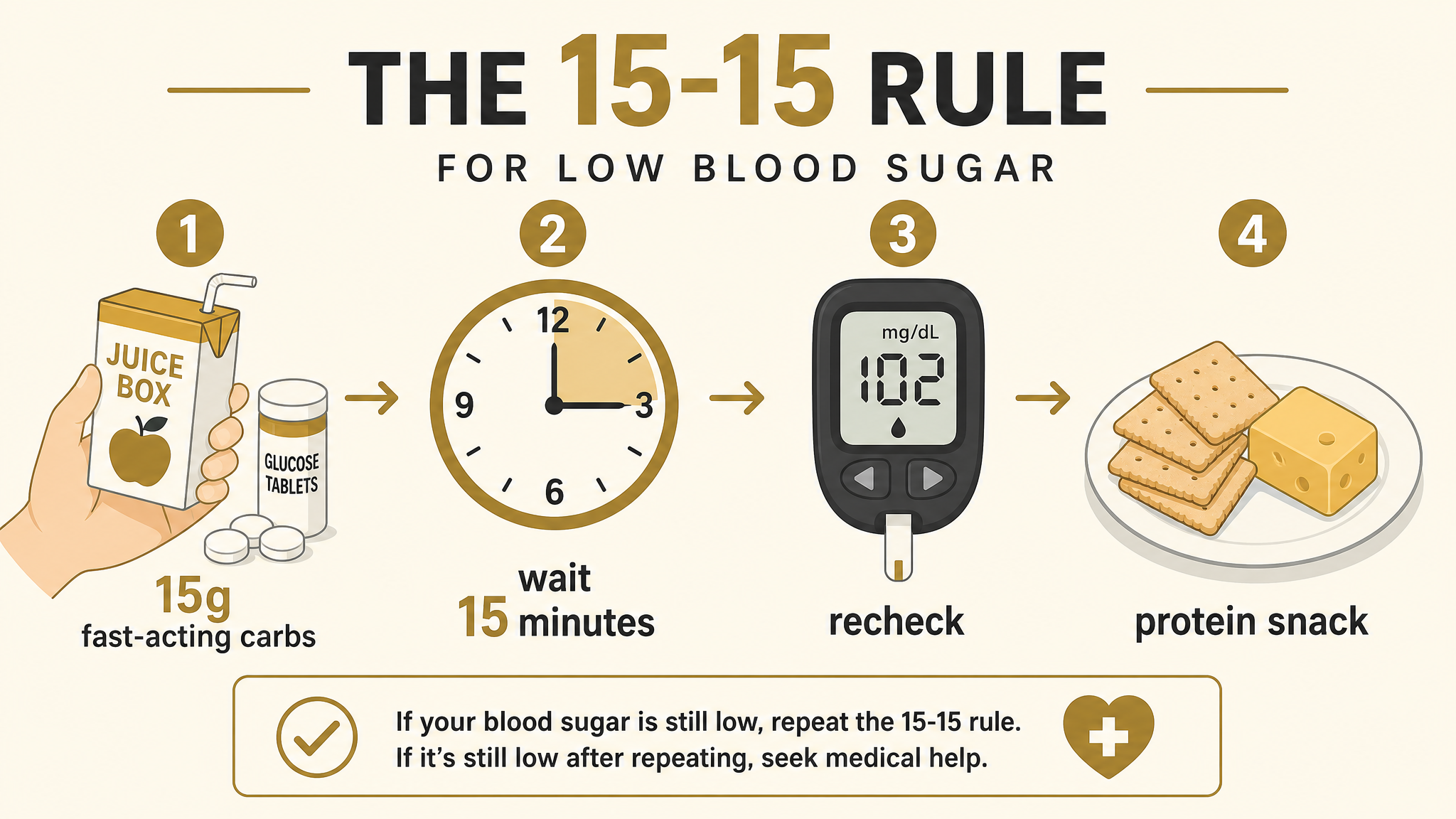 Flat illustration infographic showing the 15-15 rule for low blood sugar: give 15 grams of fast-acting carbs such as juice, glucose tablets, or hard candy, wait 15 minutes, recheck, and repeat if still low, then follow with a protein snack