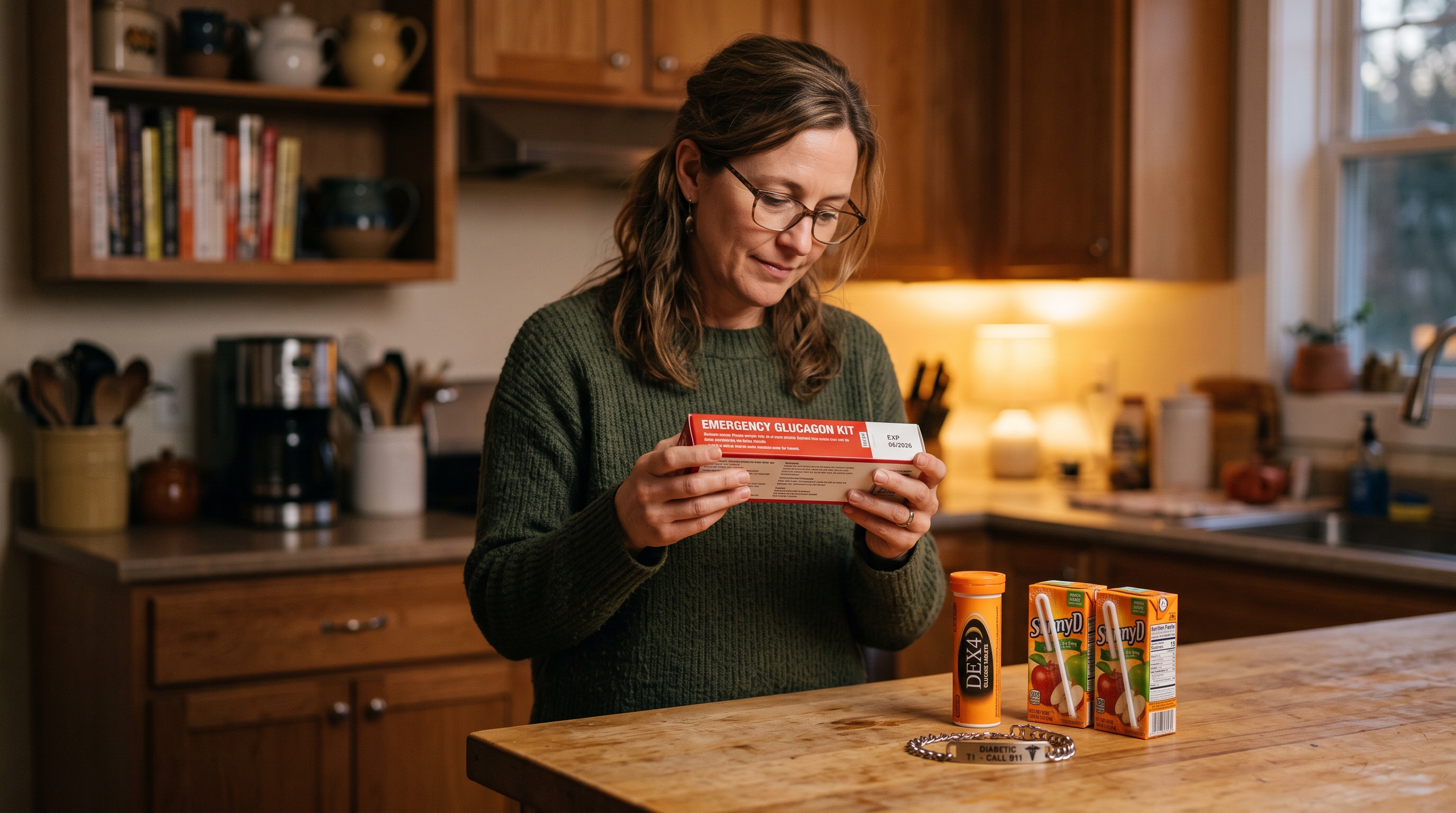Woman in her forties at a wooden kitchen counter checking the expiration date on an emergency glucagon kit beside glucose tablets, juice boxes, and a medical ID bracelet, evening lamplight