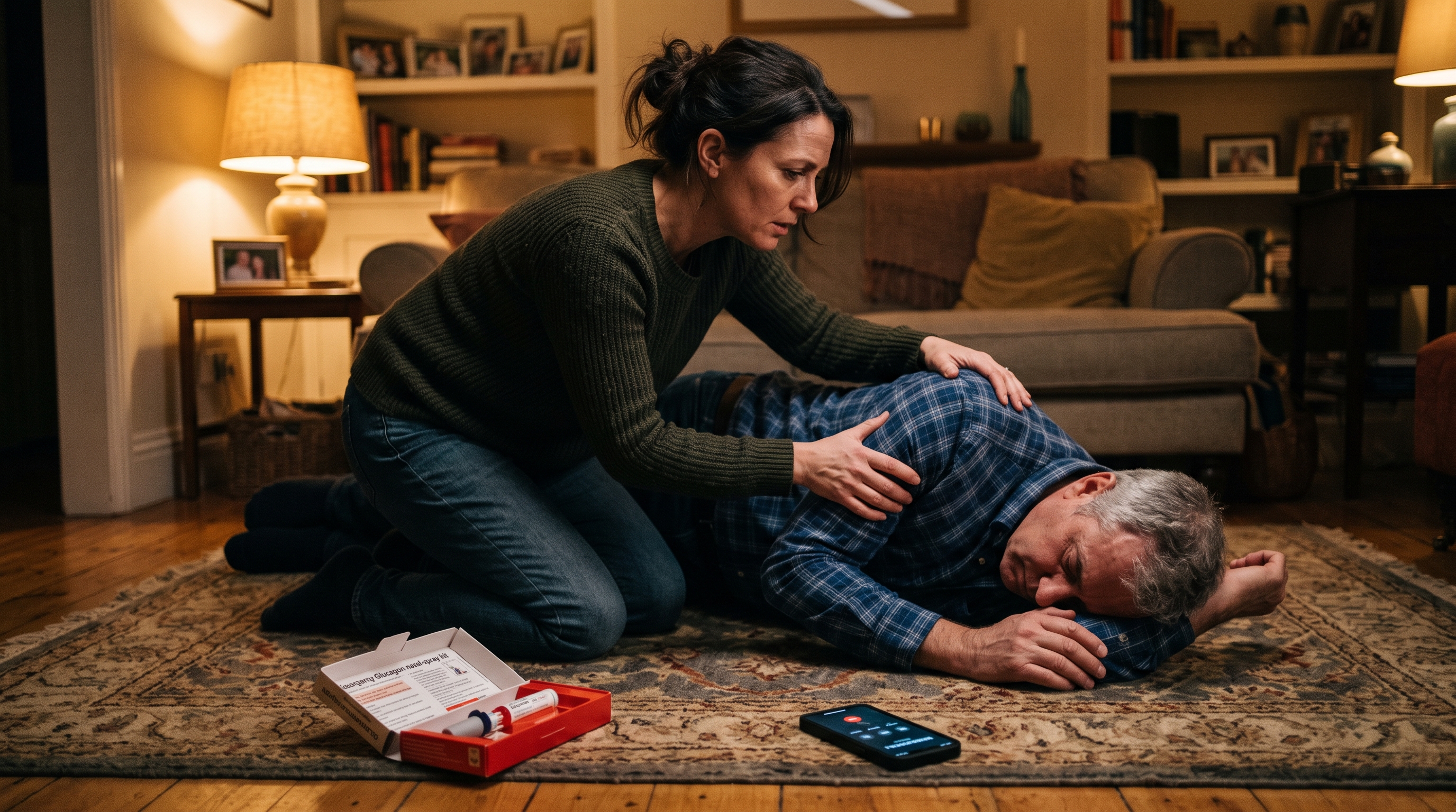 Woman rolling an unconscious man onto his side into the recovery position on a living room floor while holding an emergency glucagon kit, a phone on speaker beside them, warm lamplight