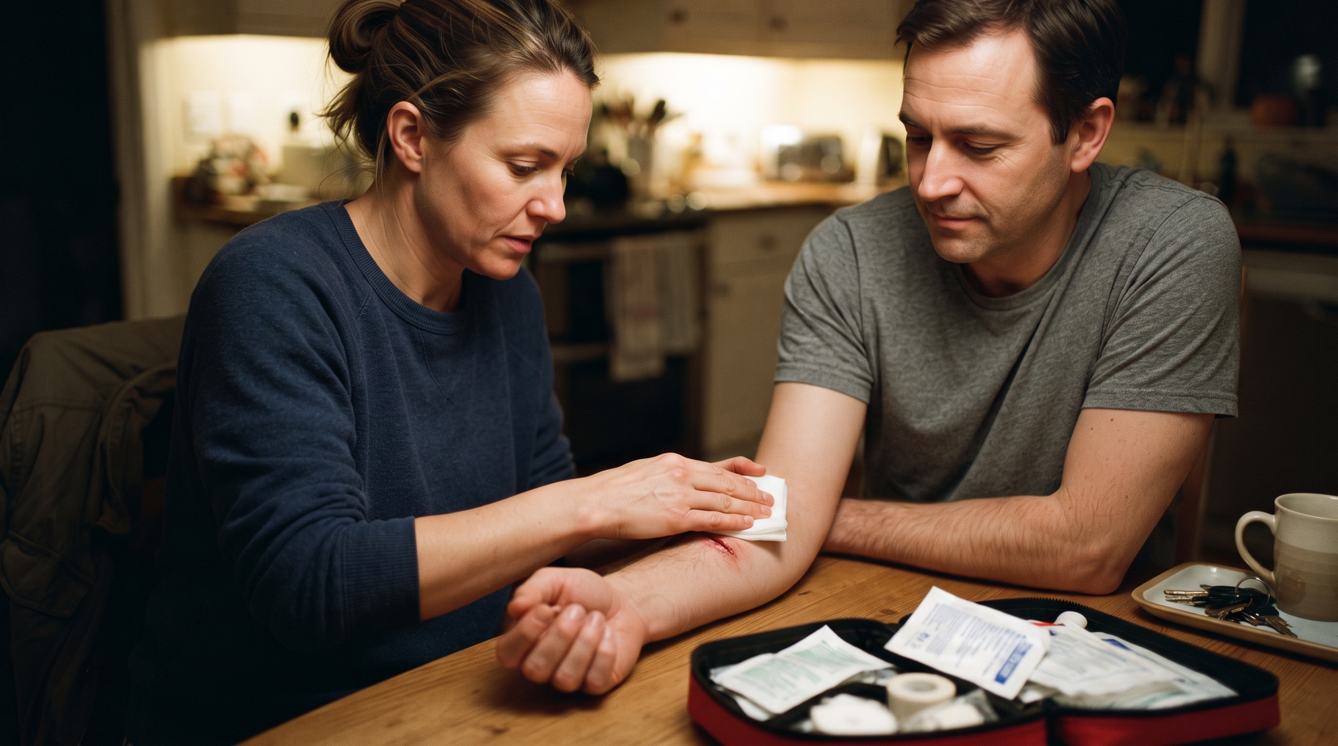 One adult applies firm direct pressure with a folded gauze pad to another adult's forearm bite wound at a kitchen table, with an open first aid kit visible nearby