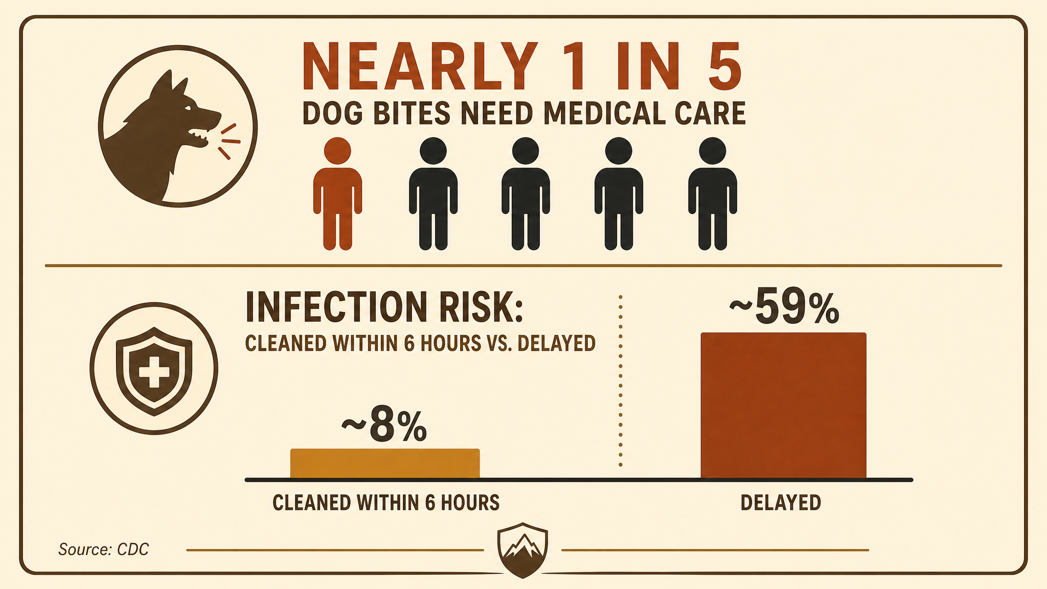 Infographic comparing dog bite statistics: nearly 1 in 5 dog bites need medical care, and infection risk is about 8 percent when cleaned within 6 hours versus roughly 59 percent when treatment is delayed