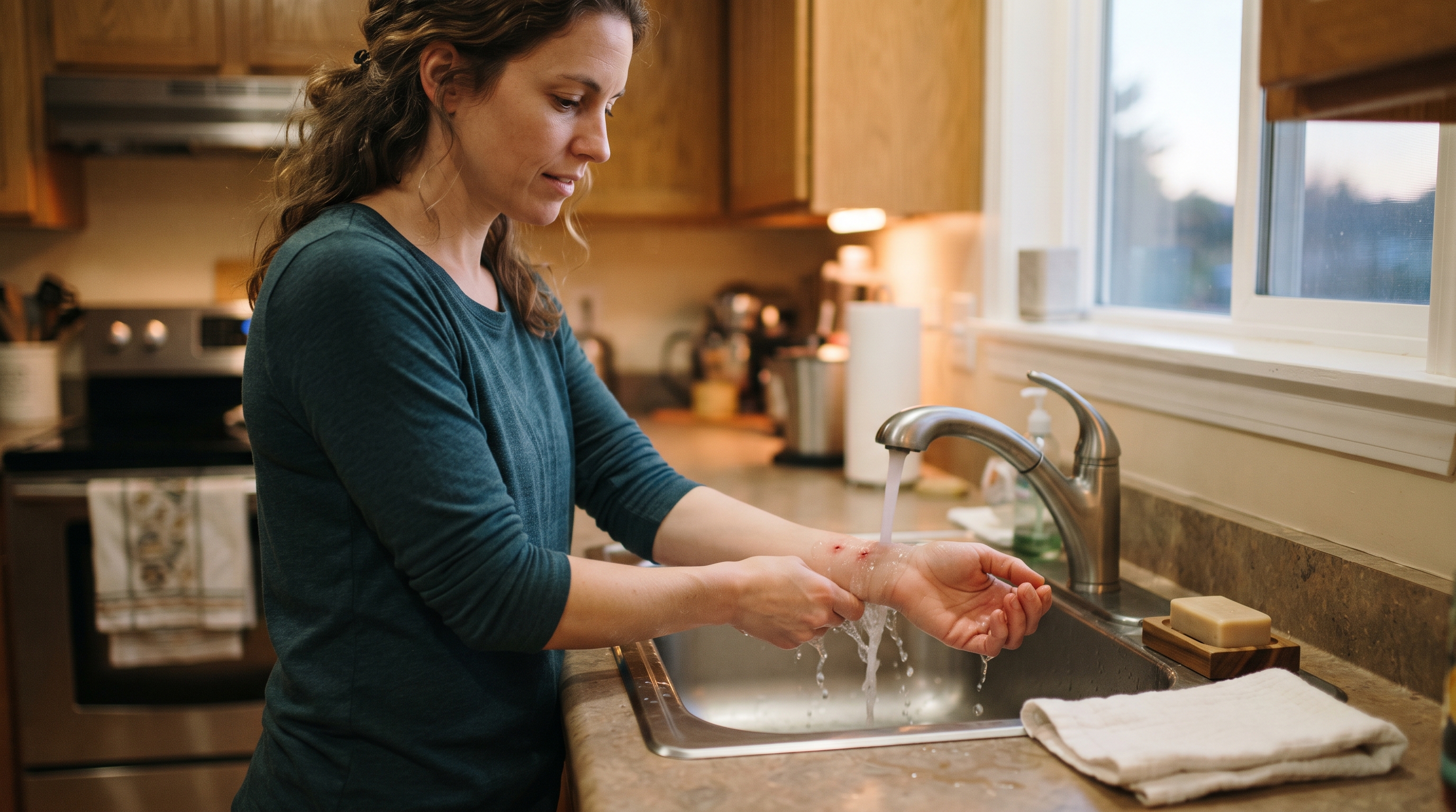 A woman holds her bitten forearm under a running kitchen faucet, rinsing two small puncture wounds with water while a bar of soap sits nearby on the counter