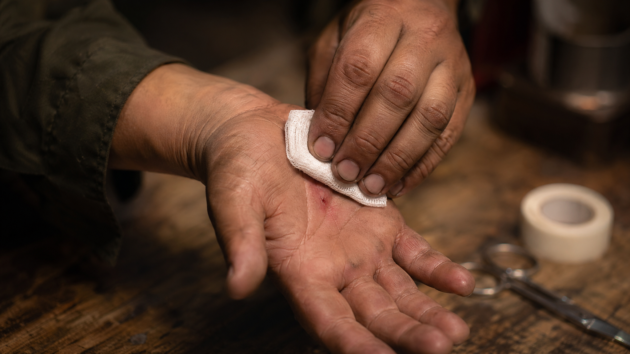 Weathered hands applying a clean sterile gauze pad to a small puncture wound on the palm, medical tape beside it on a worn wooden table, warm overhead light