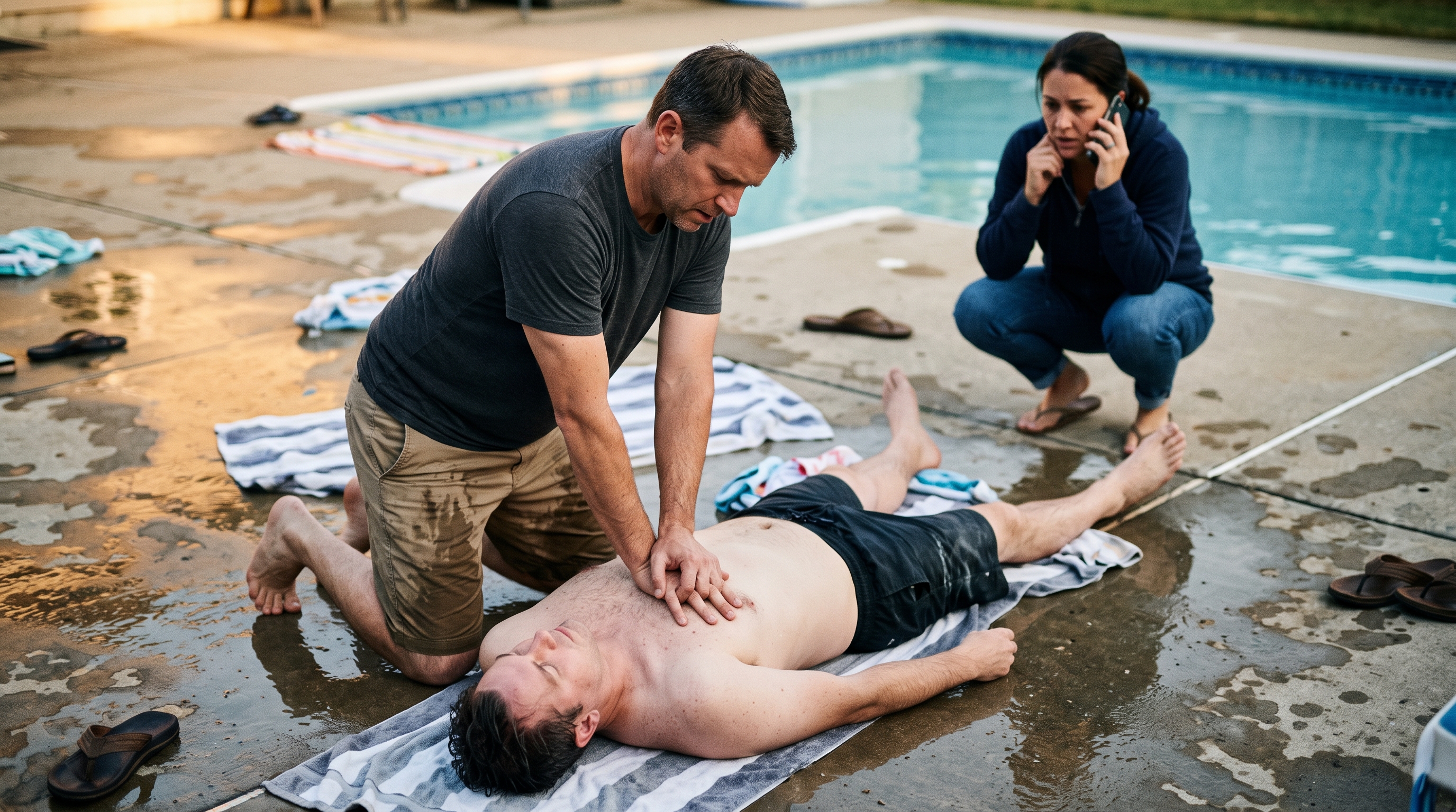 A man kneeling on wet poolside concrete performing chest compressions on an adult who was just pulled from the water, another bystander on a phone calling 911 in the background, urgent late-day light