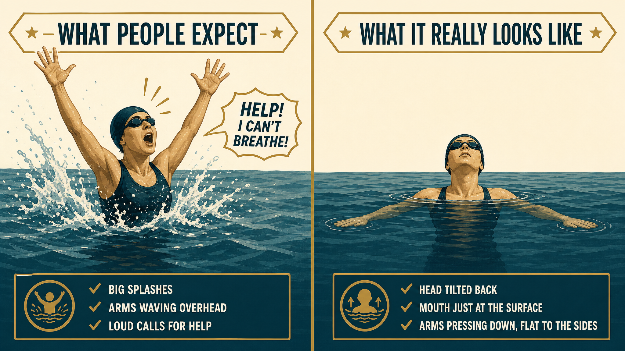 Split-image comparison contrasting the dramatic waving and splashing people expect from drowning on the left with the real instinctive drowning response on the right: a swimmer upright and low in the water, head tilted back, arms pressing down, mouth at the surface, almost silent