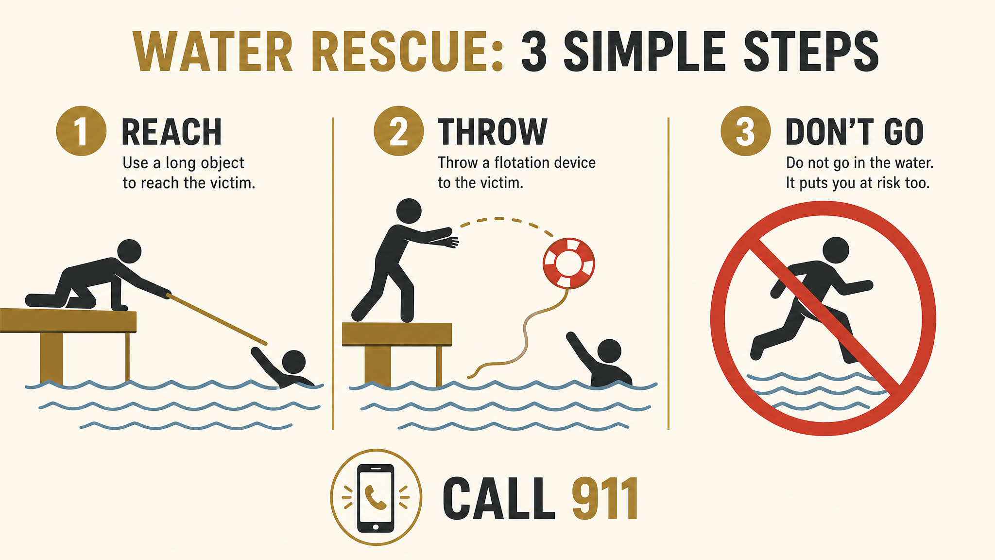 Flat illustration infographic showing the reach or throw, don't go rescue method in three steps: step 1 reach, a person lying flat extending a pole to a swimmer; step 2 throw, tossing a life ring on a rope; step 3 don't go, a crossed-out figure jumping in, with a reminder to call 911