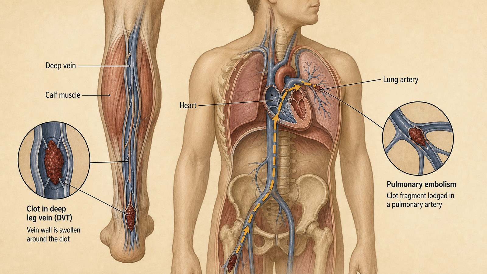 Labeled anatomical illustration showing a clot lodged in a deep calf vein and a dashed path tracing up through the pelvis and heart into a lung artery where a fragment causes a pulmonary embolism