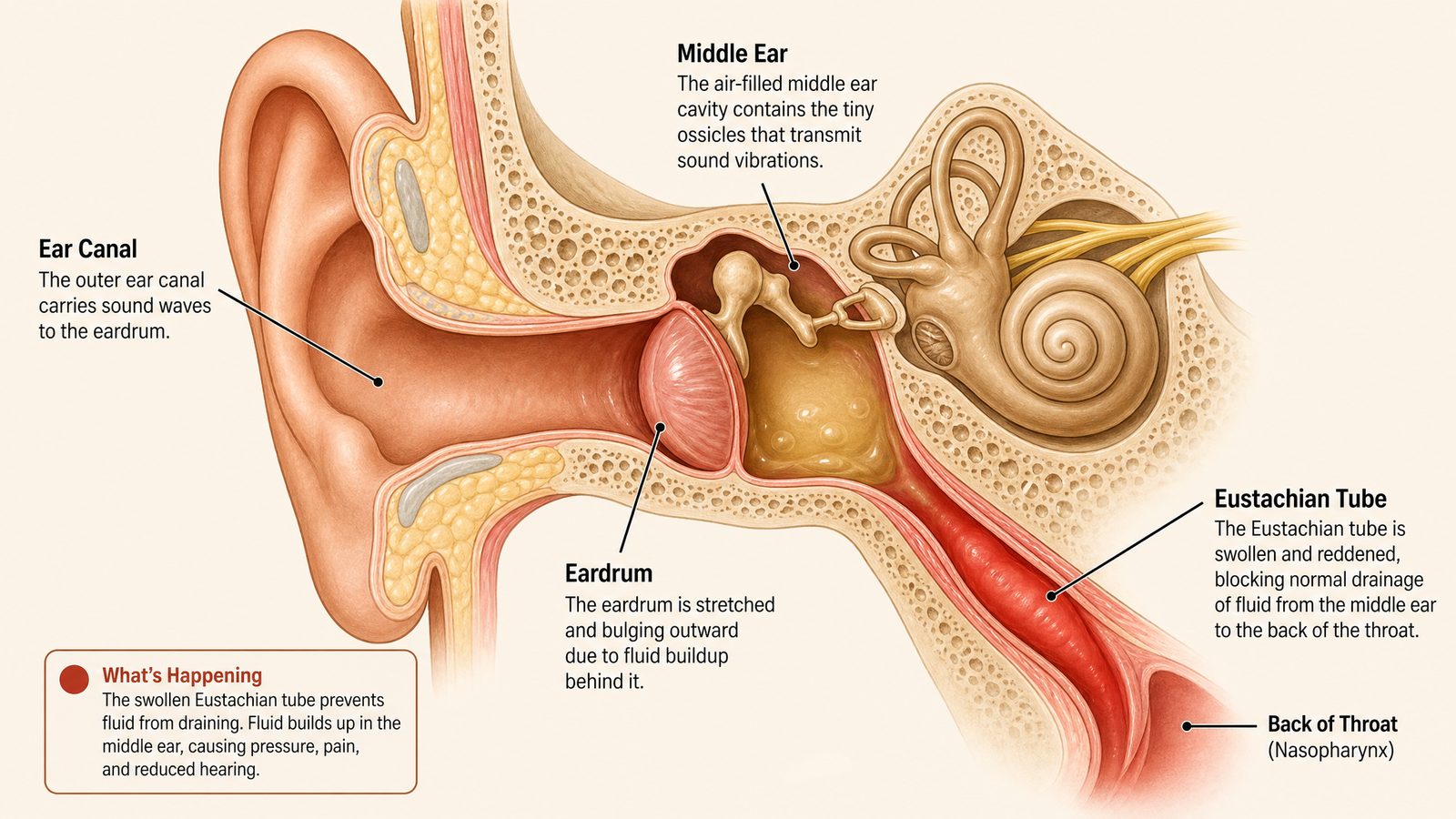 Labeled anatomical cross-section illustration of the ear showing the ear canal, eardrum bulging with fluid behind it, the air-filled middle ear cavity, and the swollen Eustachian tube blocking drainage to the back of the throat