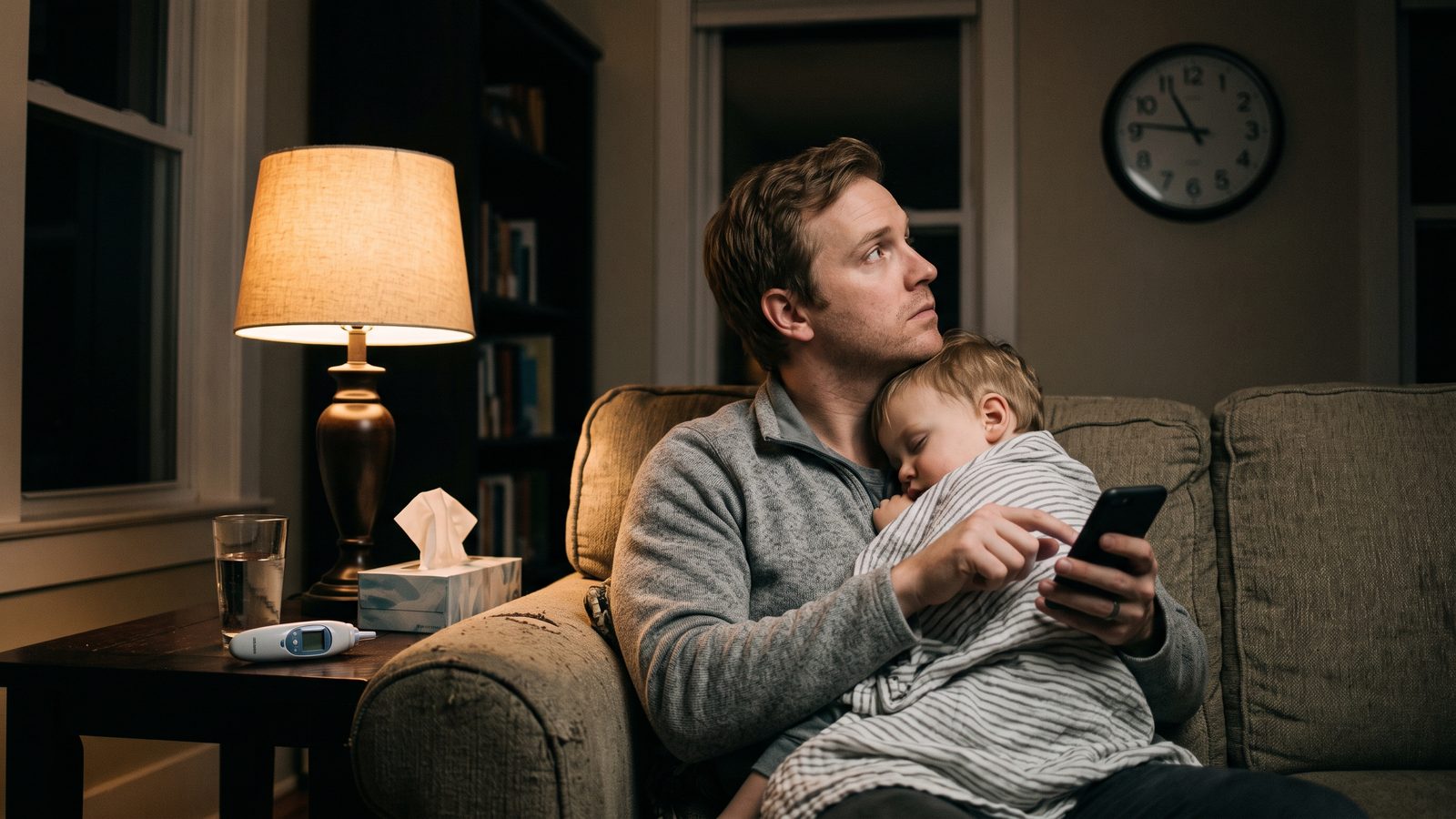 A father sitting on a couch late at night with a sick toddler wrapped in a blanket against his chest, holding a phone and glancing at a wall clock reading almost ten, weighing whether to call an on-call doctor