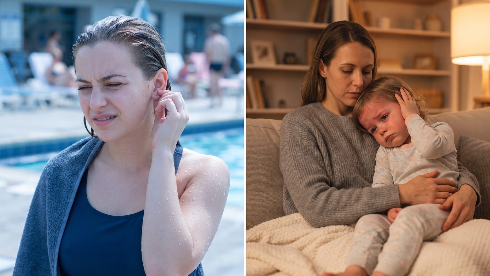 Split-image comparison: an adult wincing while tugging their own outer ear at a pool showing swimmer's ear, next to a parent comforting a feverish toddler holding the side of their head at home showing a middle ear infection