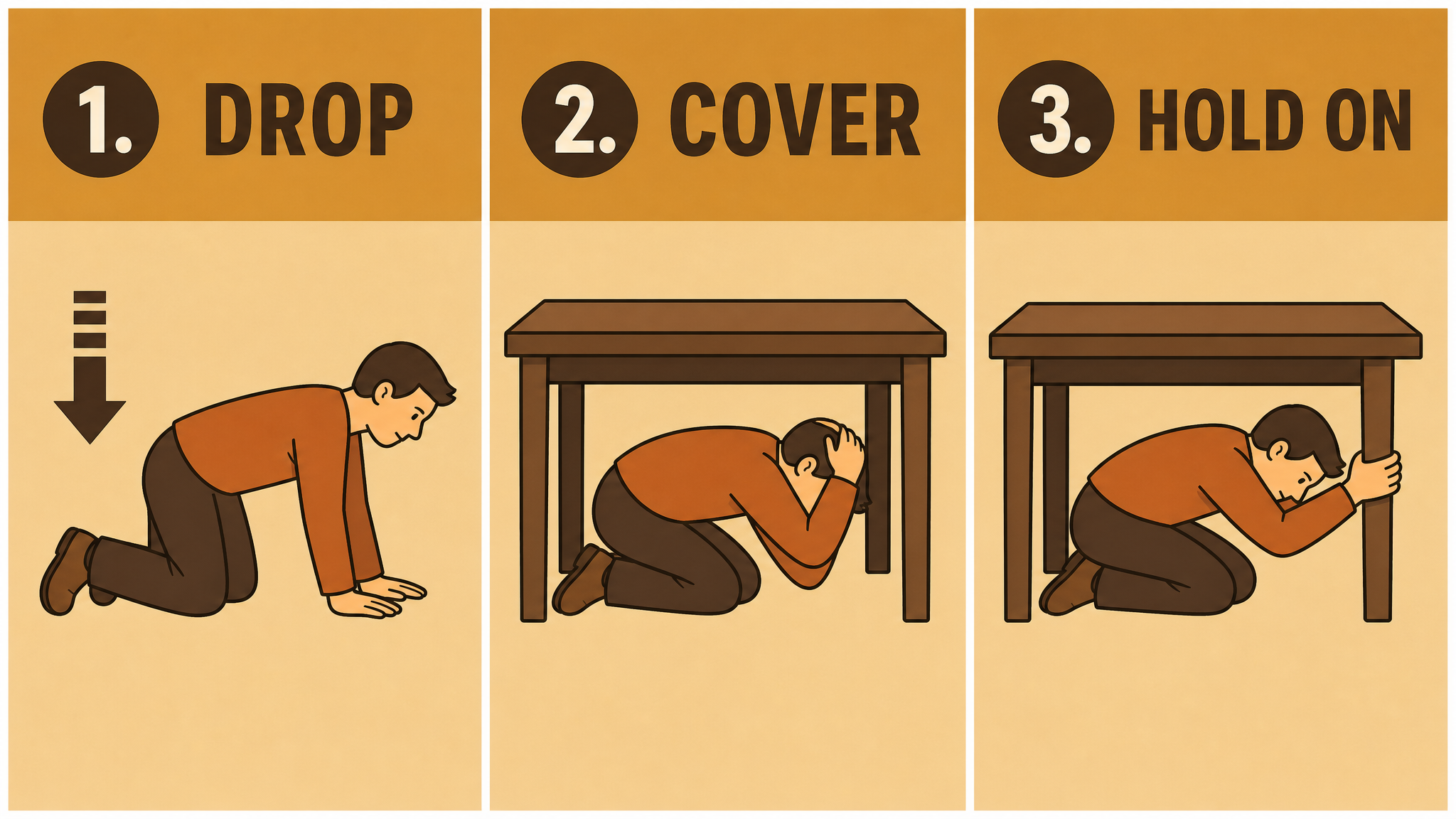 Illustrated three-step infographic showing Drop, Cover, and Hold On earthquake safety technique