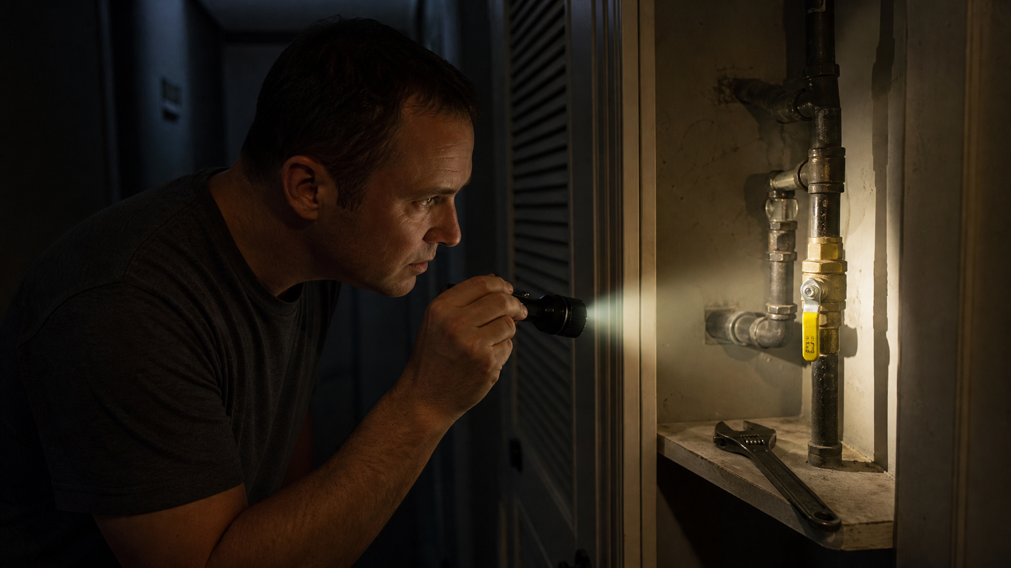 Man using a battery-powered flashlight to check a gas shutoff valve in a dim home hallway after an earthquake